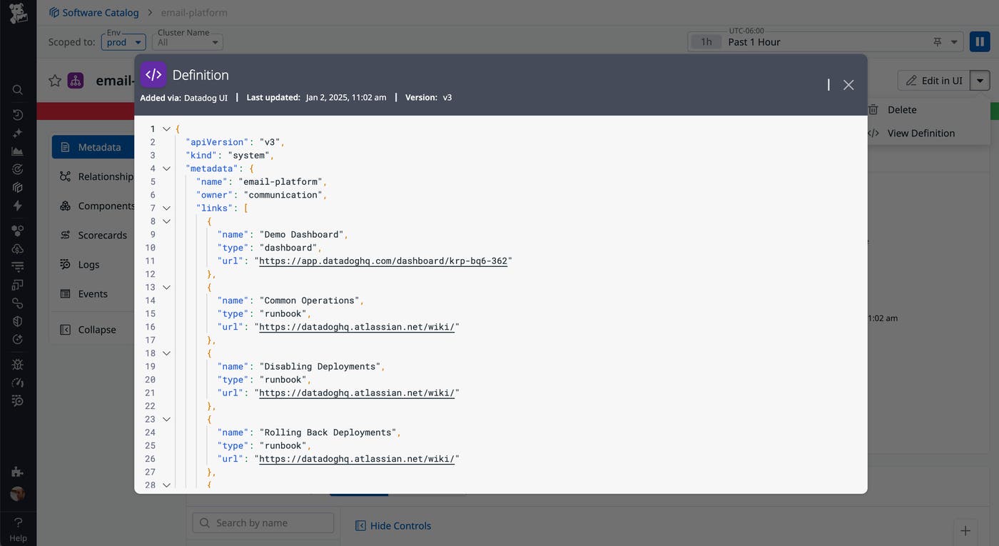 Screenshot of the Datadog UI showing the service definition for ‘email-platform.’ The code editor panel highlights ownership by ‘communication’ and includes linked resources: a demo dashboard in Datadog and multiple runbooks in a wiki for operations and deployment management. Screenshot of the Datadog UI showing the service definition for ‘email-platform.’ The code editor panel highlights ownership by ‘communication’ and includes linked resources: a demo dashboard in Datadog and multiple runbooks in a wiki for operations and deployment management.