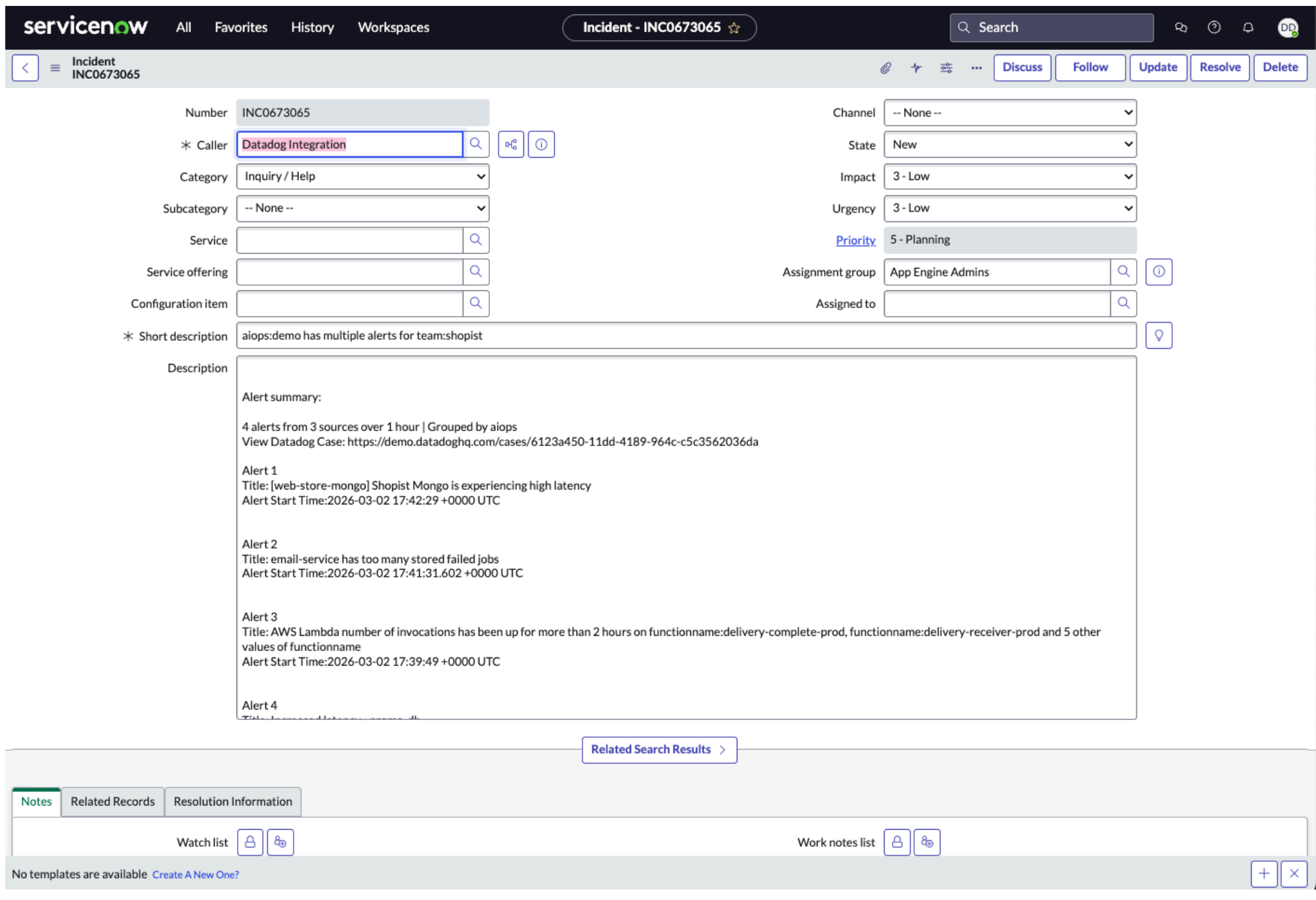 Once a case is created or an incident declared, Datadog will automatically generate a corresponding ServiceNow record. Because Datadog’s integration with ServiceNow syncs bidirectionally, support teams and stakeholders can track updates in real time without interrupting engineers.