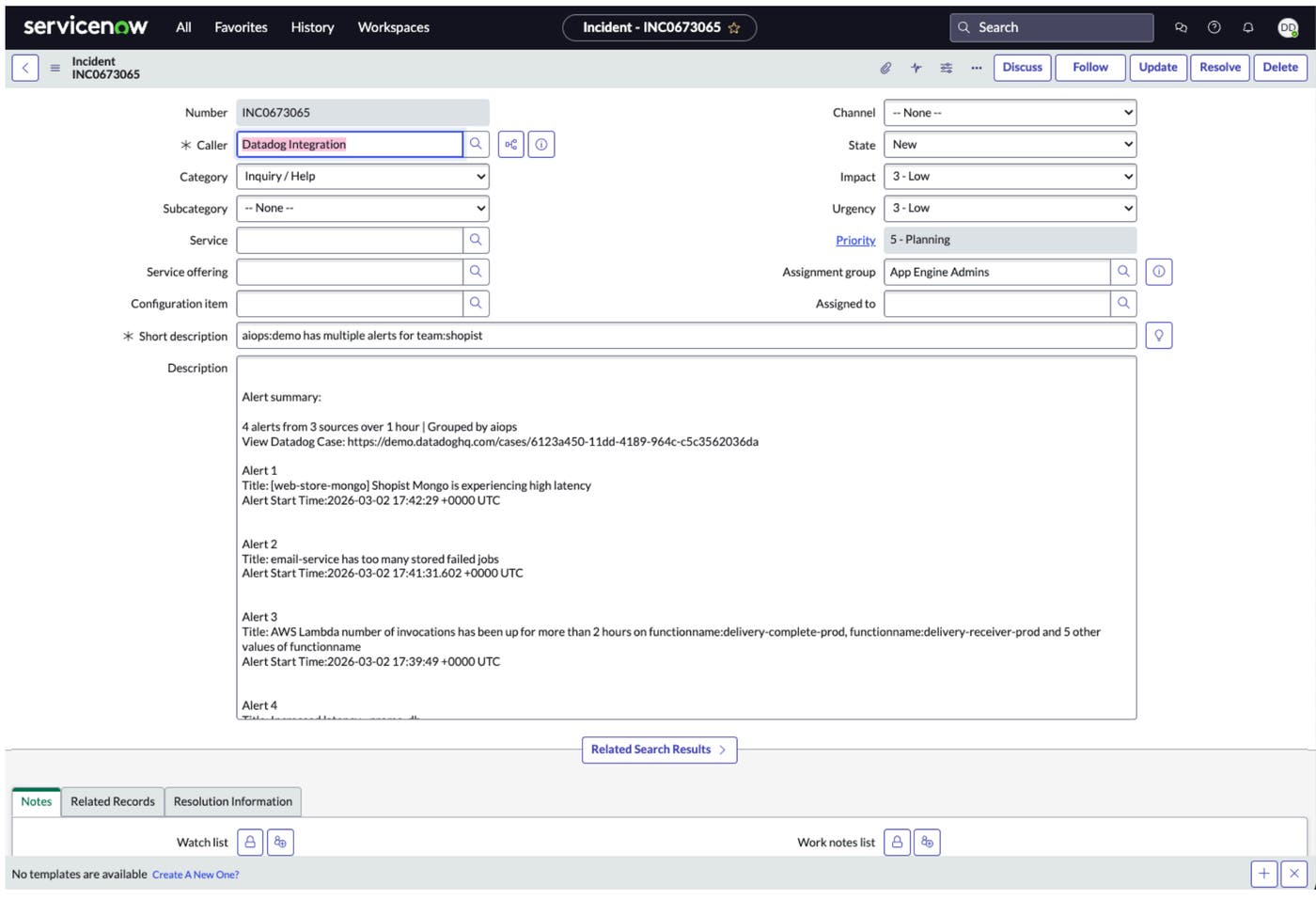 Once a case is created or an incident declared, Datadog will automatically generate a corresponding ServiceNow record. Because Datadog’s integration with ServiceNow syncs bidirectionally, support teams and stakeholders can track updates in real time without interrupting engineers. Once a case is created or an incident declared, Datadog will automatically generate a corresponding ServiceNow record. Because Datadog’s integration with ServiceNow syncs bidirectionally, support teams and stakeholders can track updates in real time without interrupting engineers.