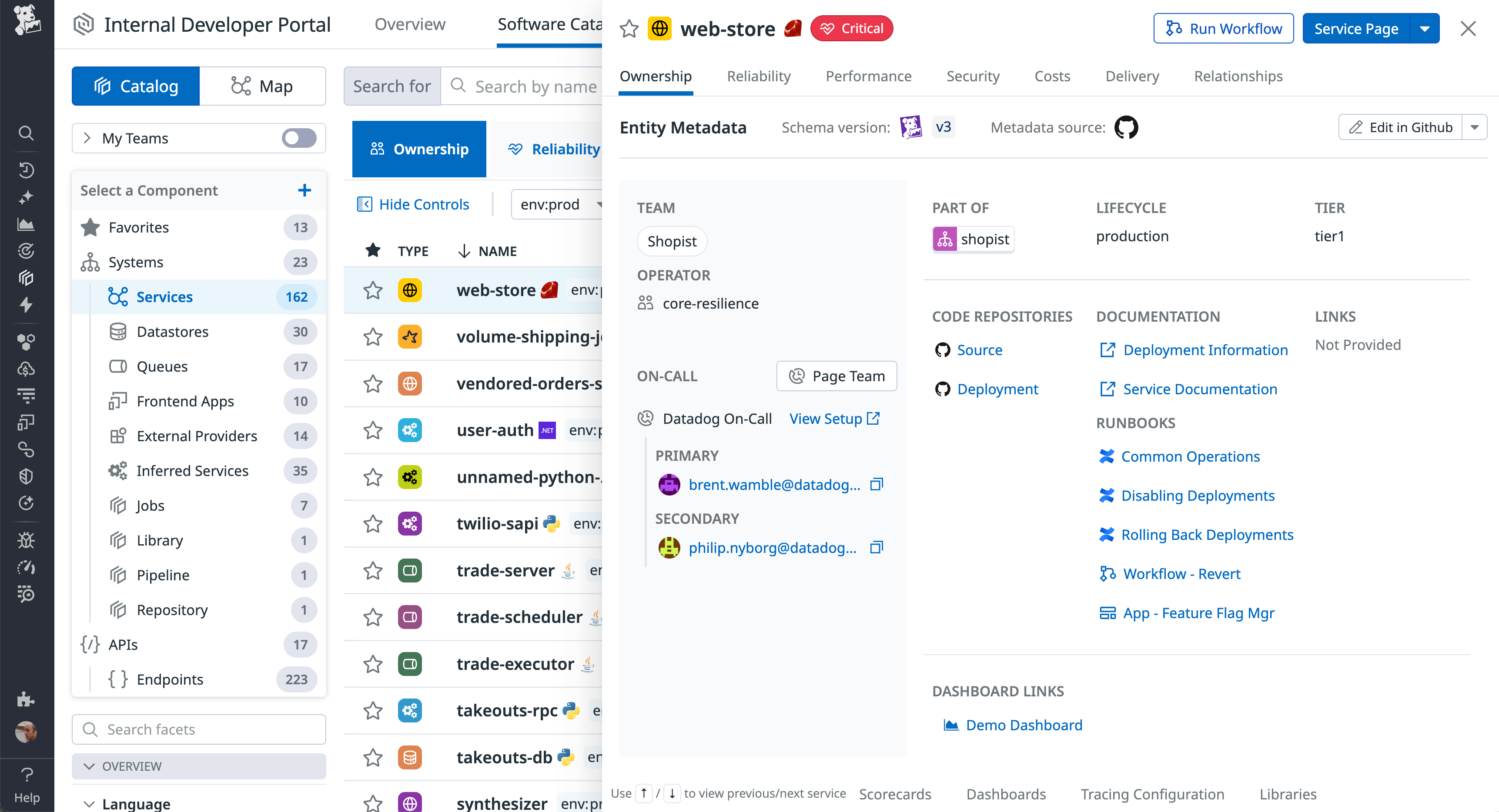 Datadog Software Catalog view for the ‘web-store’ service marked Critical. The left panel lists services including ‘volume-shipping-job’ and ‘user-auth.’ The right-side metadata panel shows team ownership (Shopist), operator (core-resilience), linked code repositories, documentation links, and runbooks.