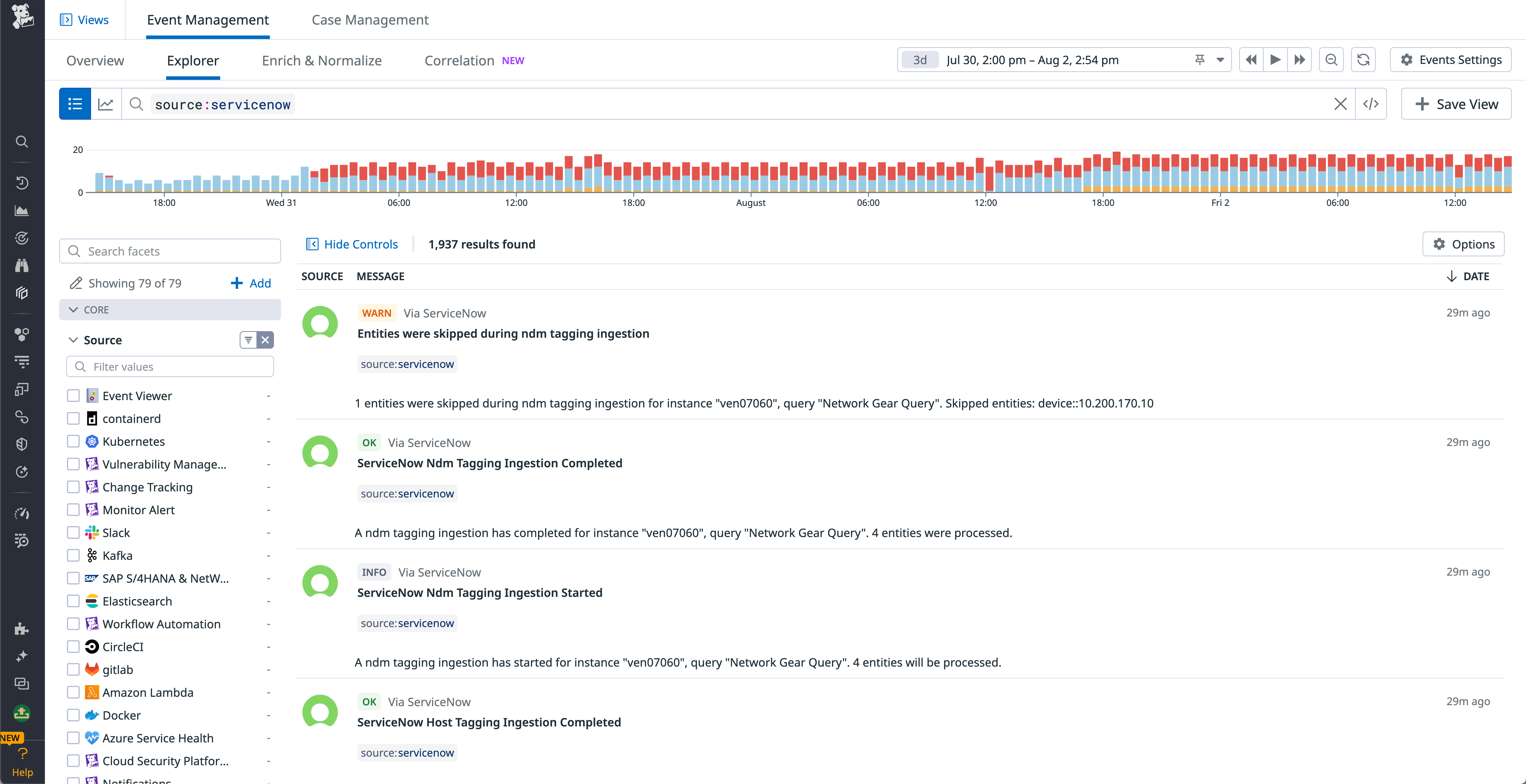 ServiceNow tag ingestion job events in Datadog Event Management
