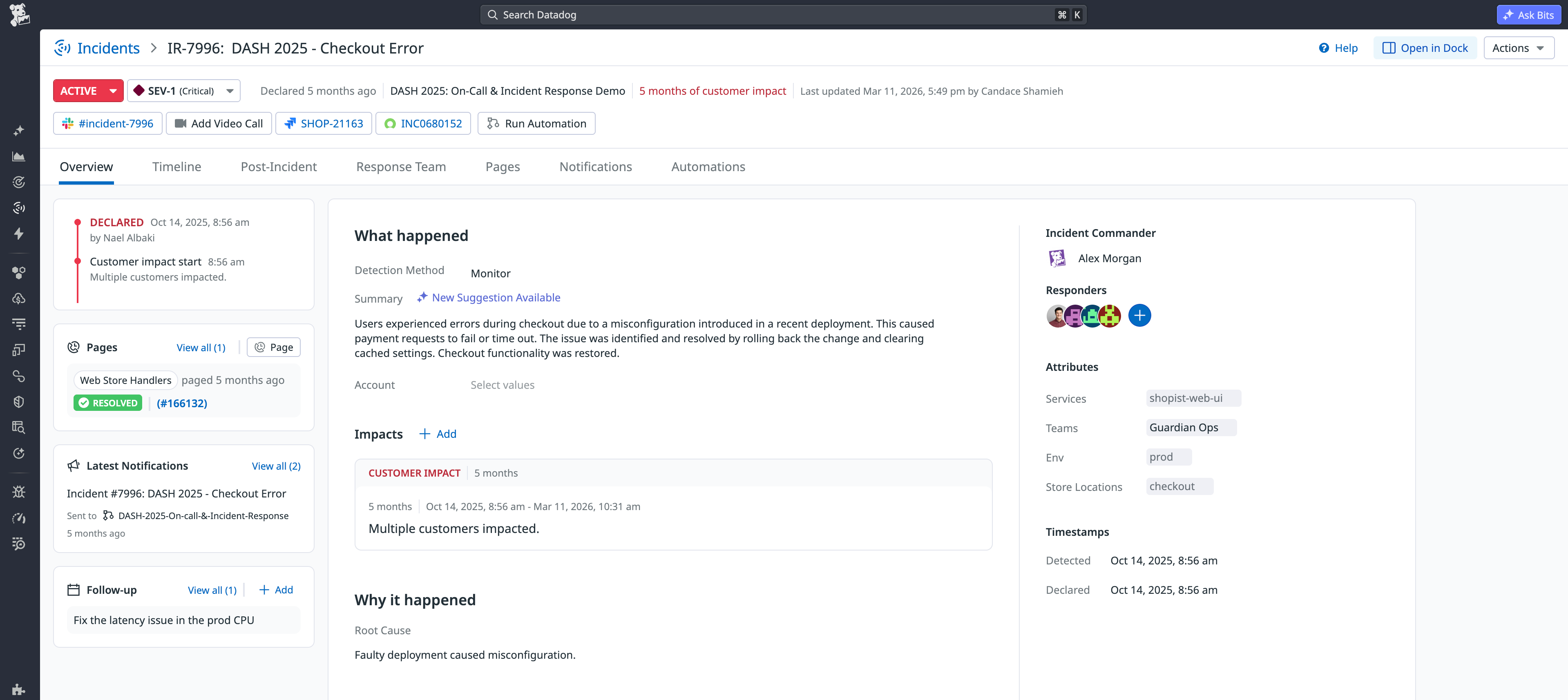 A Datadog incident that includes links to the dedicated Slack channel, corresponding ServiceNow record, and a related Jira issue.