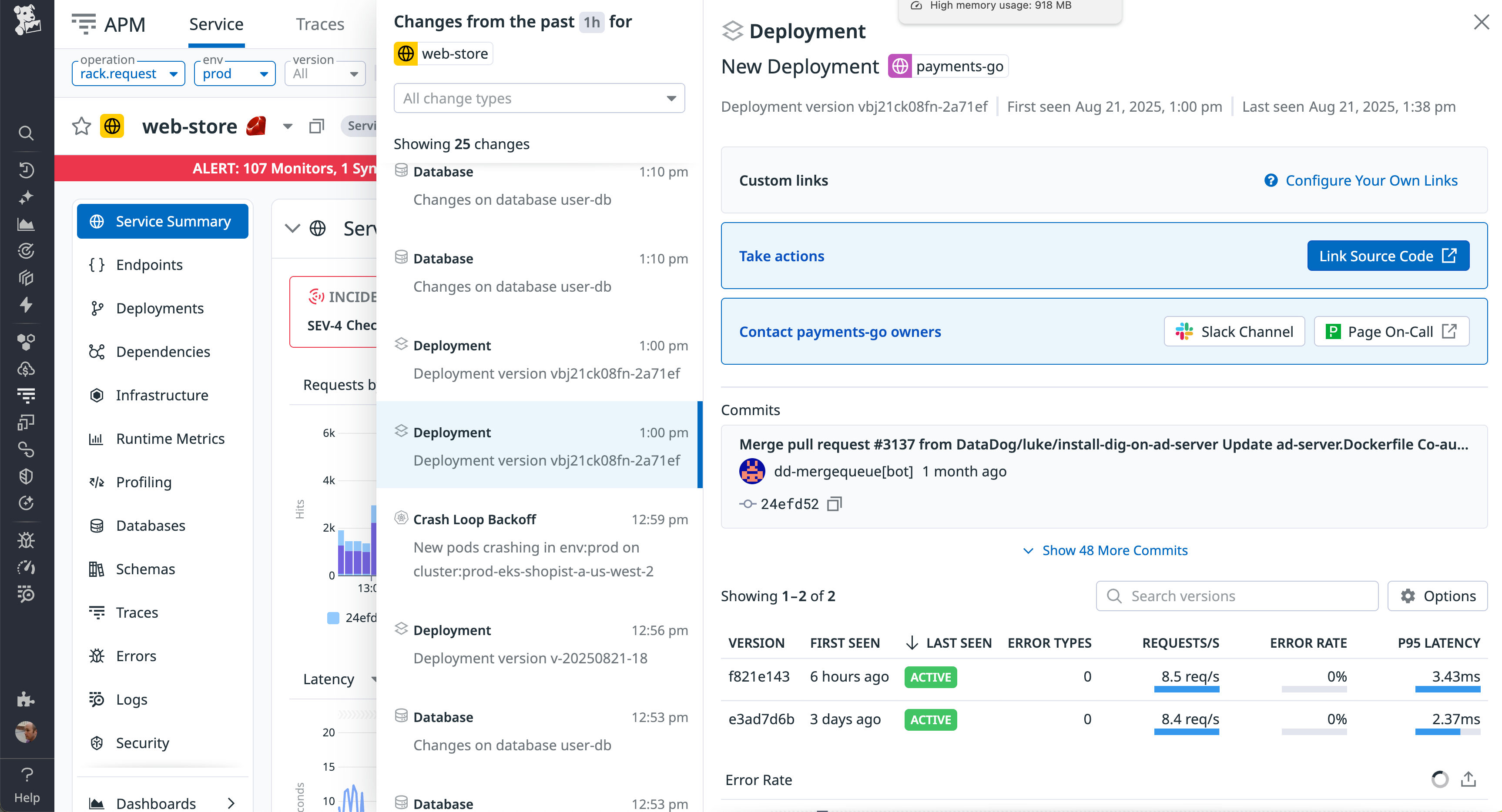 Screenshot showing deployment details for the ‘web-store’ service. Left sidebar lists service monitoring sections like Endpoints, Deployments, and Dependencies. Center column displays recent activity including database changes, crash loop alerts, and deployments. Right column highlights a new ‘payments-go’ deployment with commit history, links to source code, on-call contacts, and performance stats.