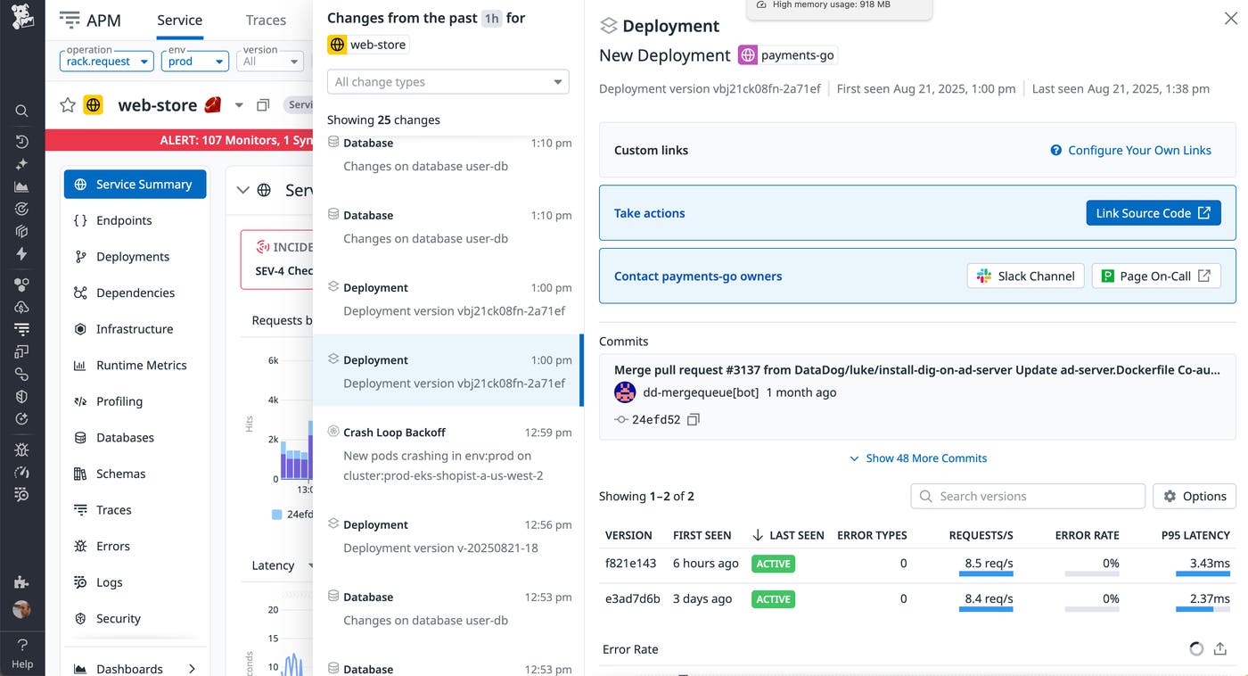 Screenshot showing deployment details for the ‘web-store’ service. Left sidebar lists service monitoring sections like Endpoints, Deployments, and Dependencies. Center column displays recent activity including database changes, crash loop alerts, and deployments. Right column highlights a new ‘payments-go’ deployment with commit history, links to source code, on-call contacts, and performance stats. Screenshot showing deployment details for the ‘web-store’ service. Left sidebar lists service monitoring sections like Endpoints, Deployments, and Dependencies. Center column displays recent activity including database changes, crash loop alerts, and deployments. Right column highlights a new ‘payments-go’ deployment with commit history, links to source code, on-call contacts, and performance stats.