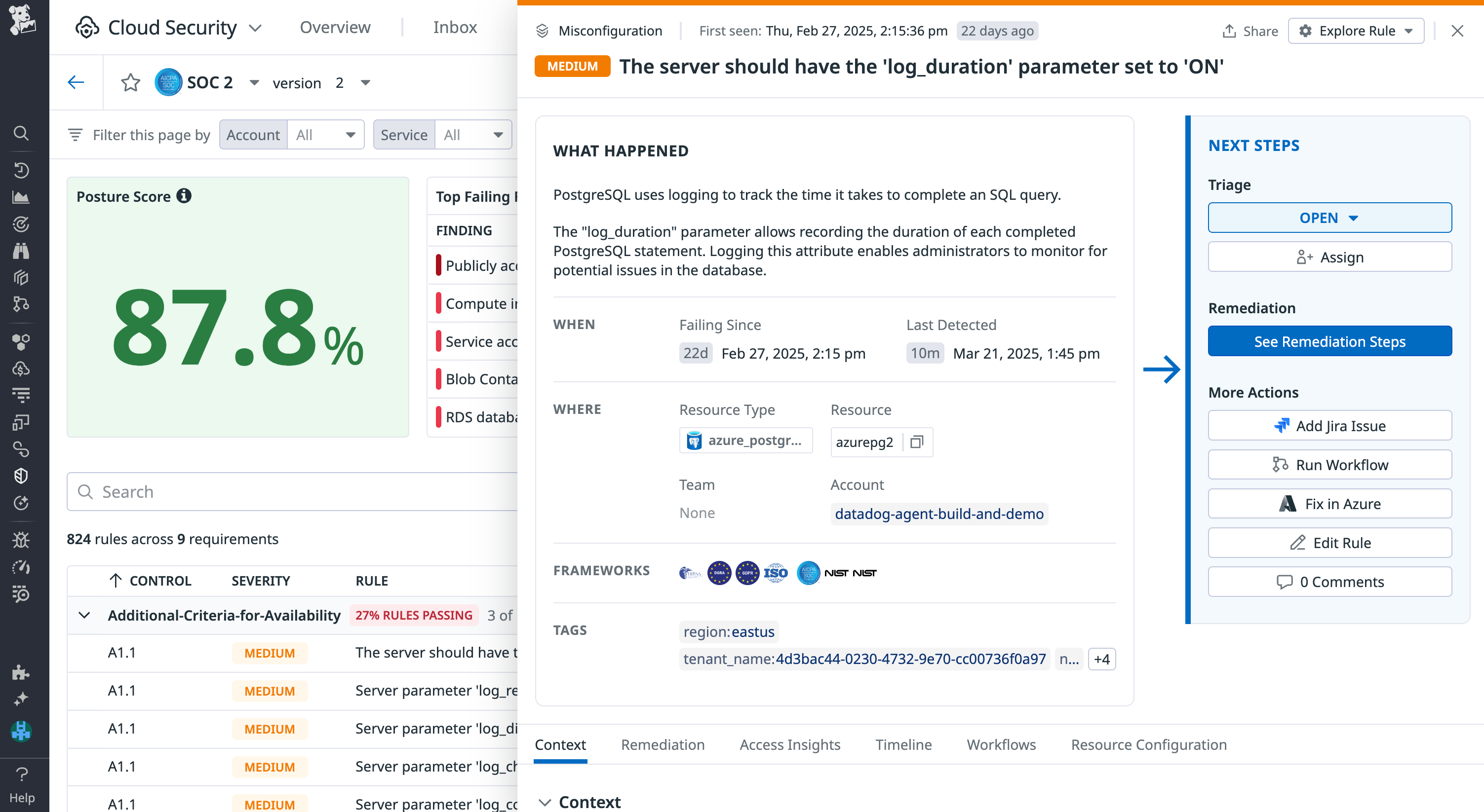 Evaluate your organization's compliance posture against various industry benchmarks and frameworks directly in the Cloud Security's compliance page.