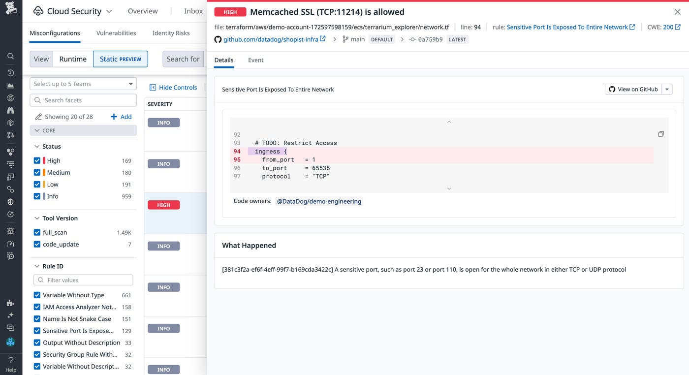 Quickly identify the configuration code responsible for rule violations with Datadog. Quickly identify the configuration code responsible for rule violations with Datadog.