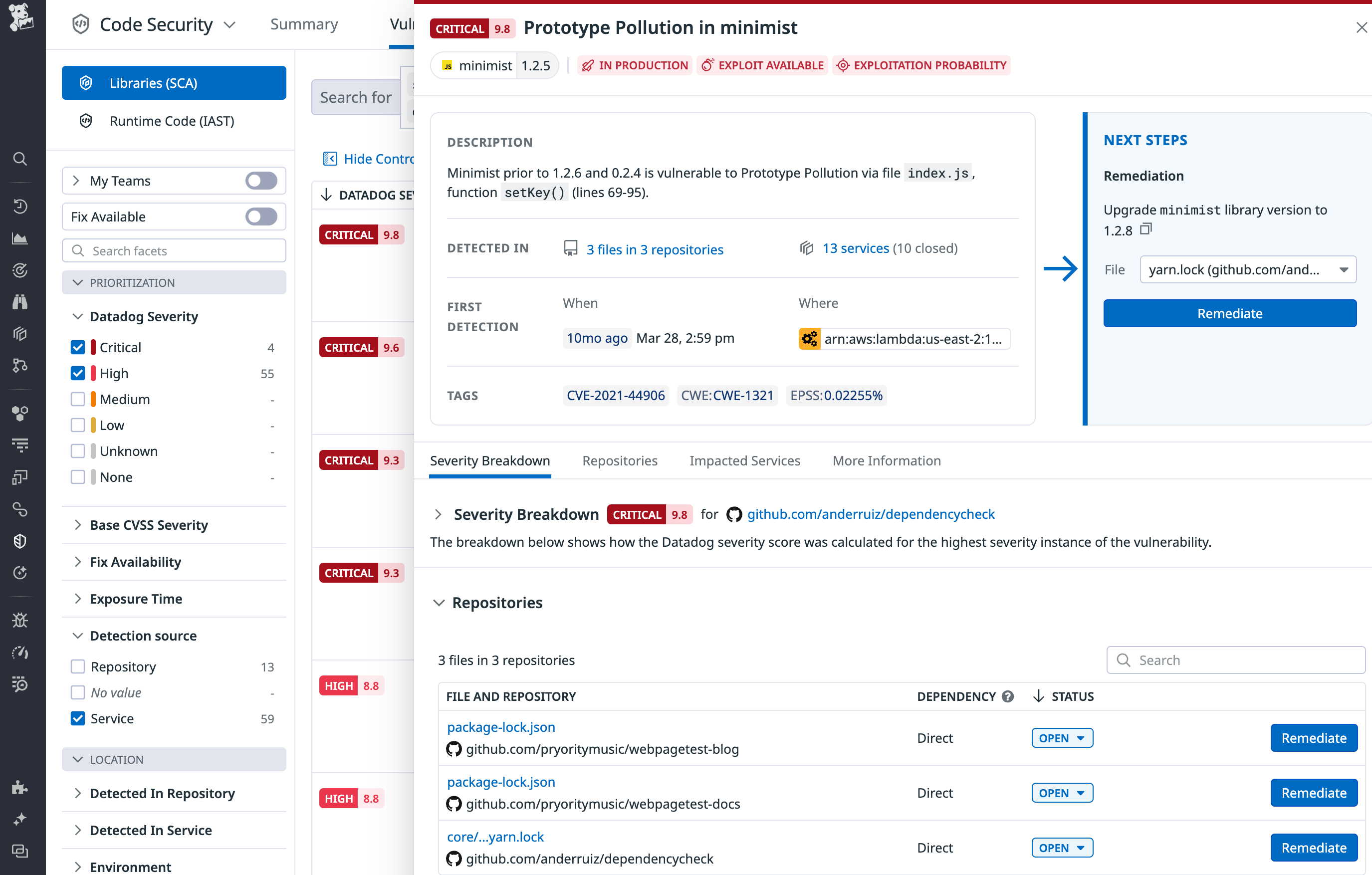 Quickly patch vulnerabilities by following Datadog's recommended remediation steps.