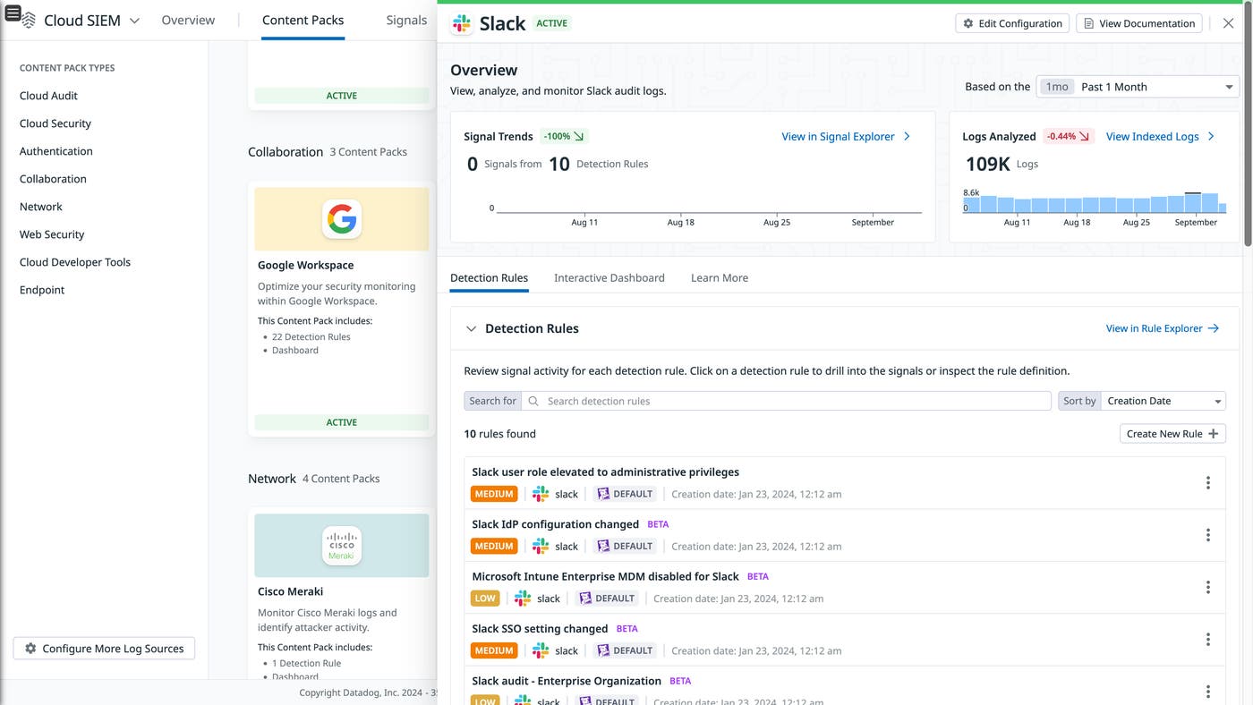 The Cloud SIEM Slack content pack Overview side panel. The Cloud SIEM Slack content pack Overview side panel.