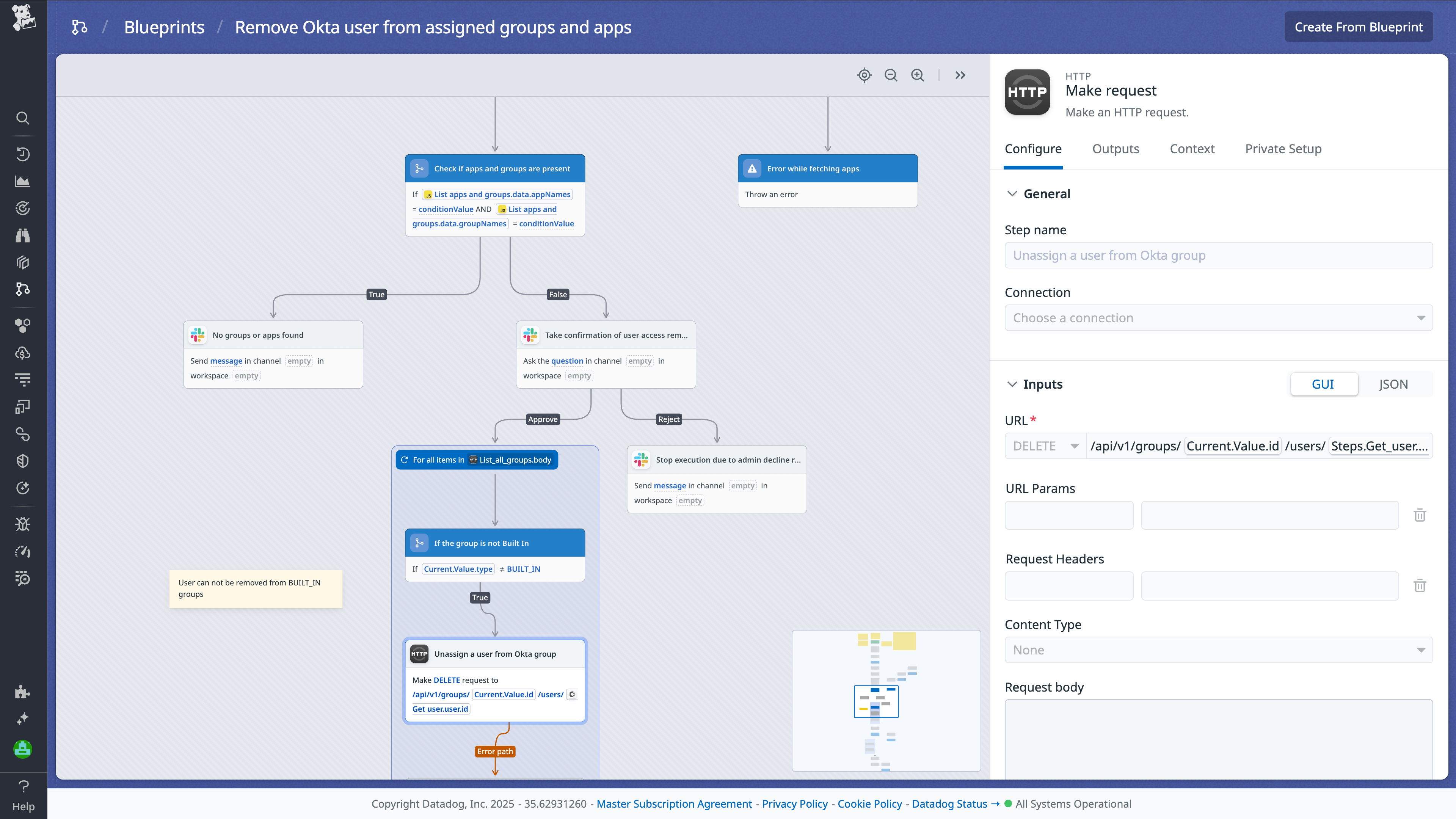 The SOAR workflow blueprint that automates removing an Okta user from assigned groups and apps.