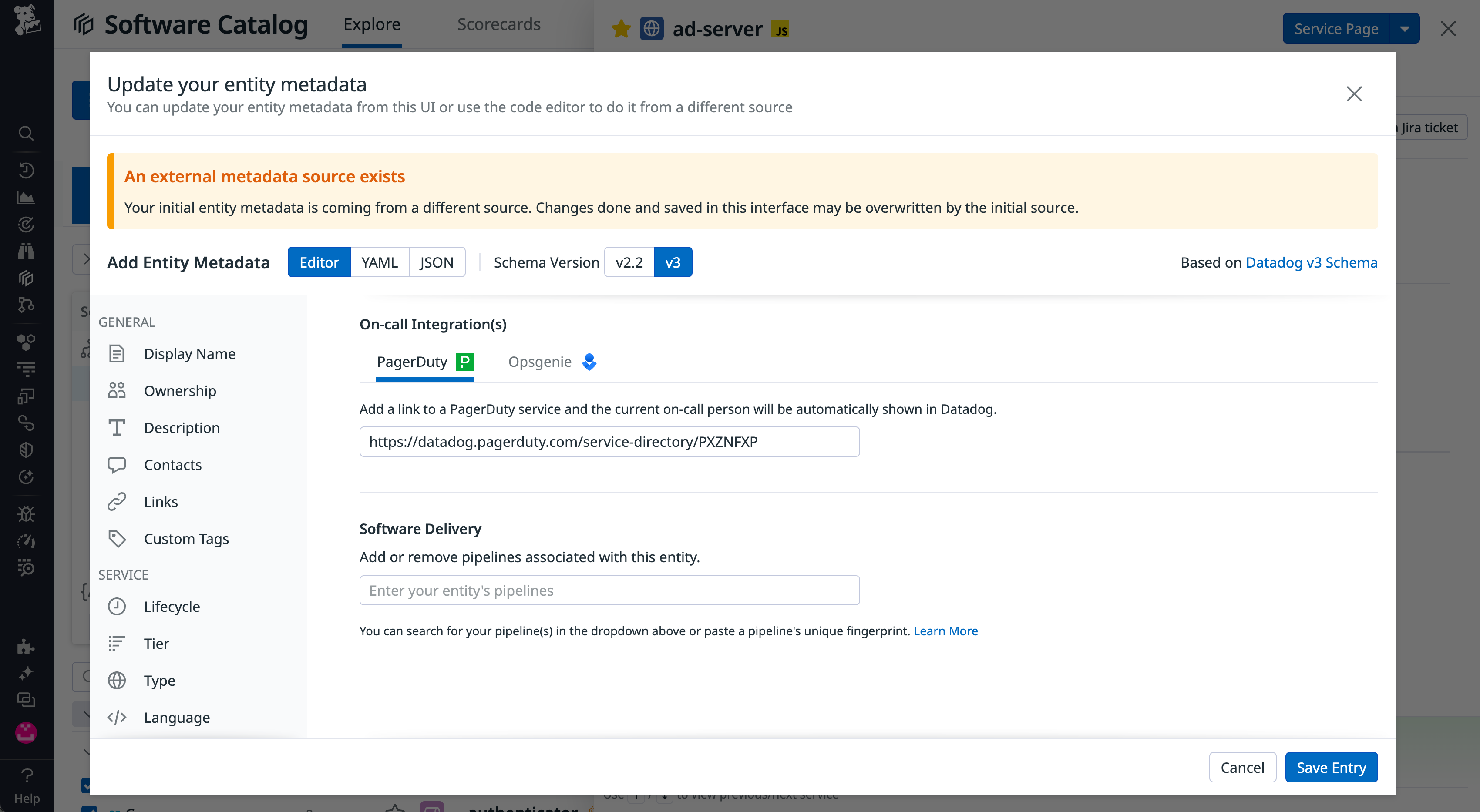 The built-in metadata editor contains fields for team, description, contact information, and on-call integrations.
