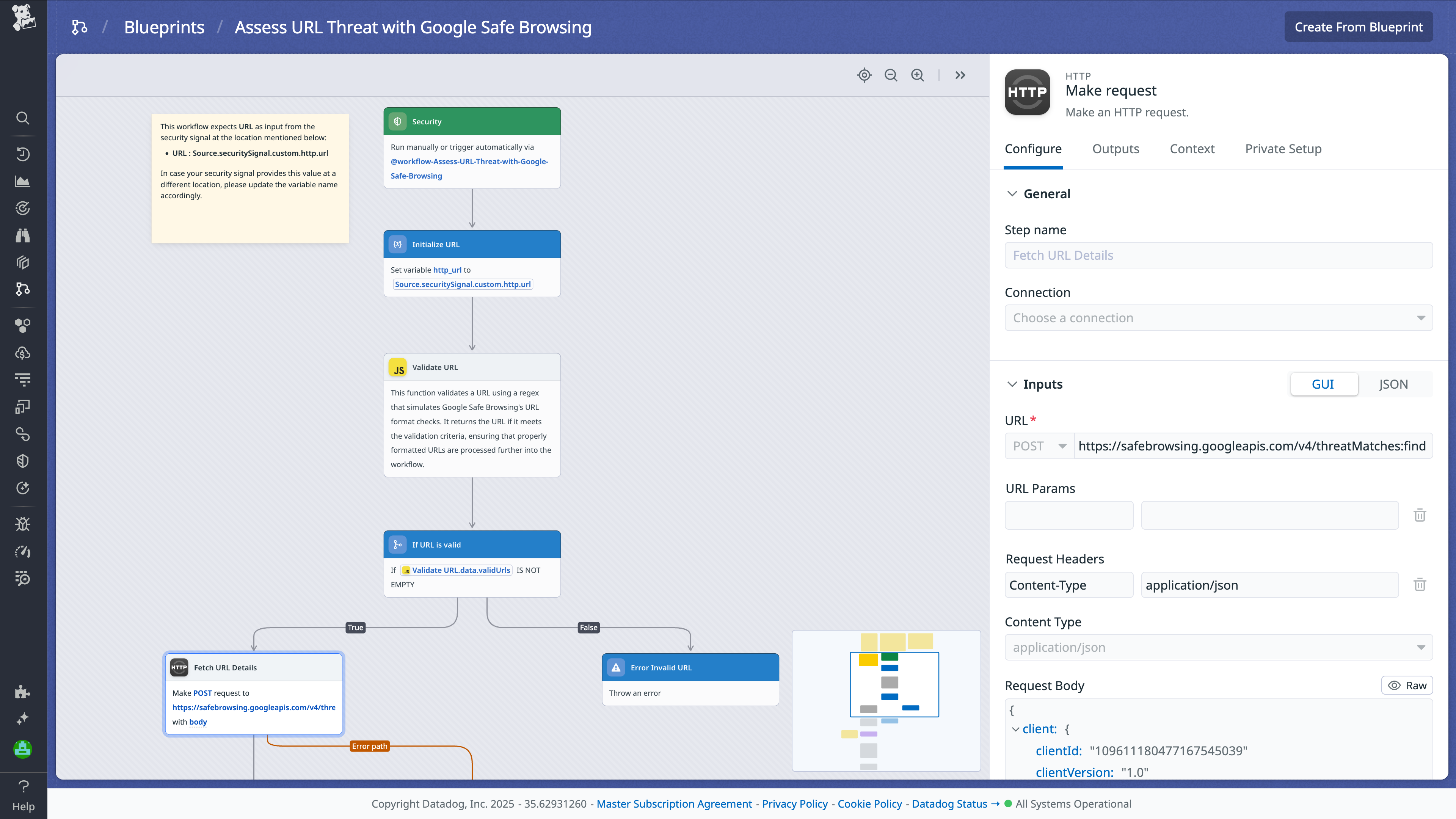 The blueprint for the SOAR workflow that assess URLs using Google Safe Browsing.