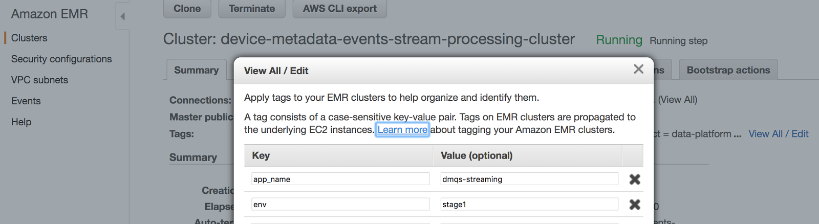 Applying tags to data from an EMR cluster using the AWS console