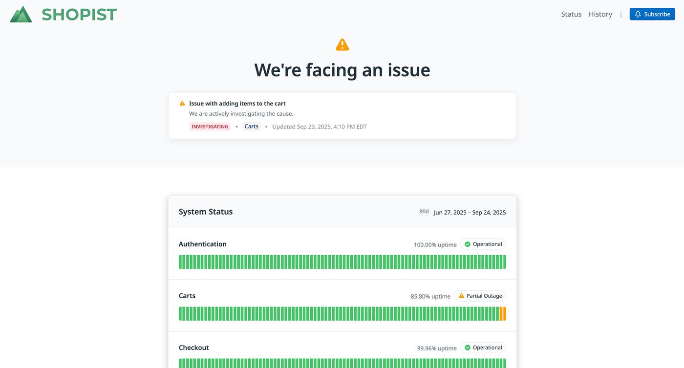 A status page for a shopping website. The status page indicates that customers are having a problem adding items to their cart and that the company is investigating the issue. A status page for a shopping website. The status page indicates that customers are having a problem adding items to their cart and that the company is investigating the issue.