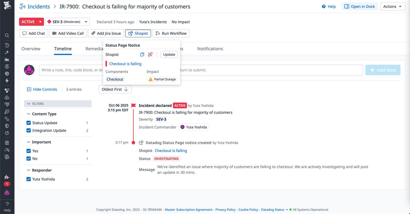 Screenshot of an incident timeline about failing checkouts for a shopping website. The timeline displays the time that the incident was declared and shows that the company is investigating the issue. Screenshot of an incident timeline about failing checkouts for a shopping website. The timeline displays the time that the incident was declared and shows that the company is investigating the issue.