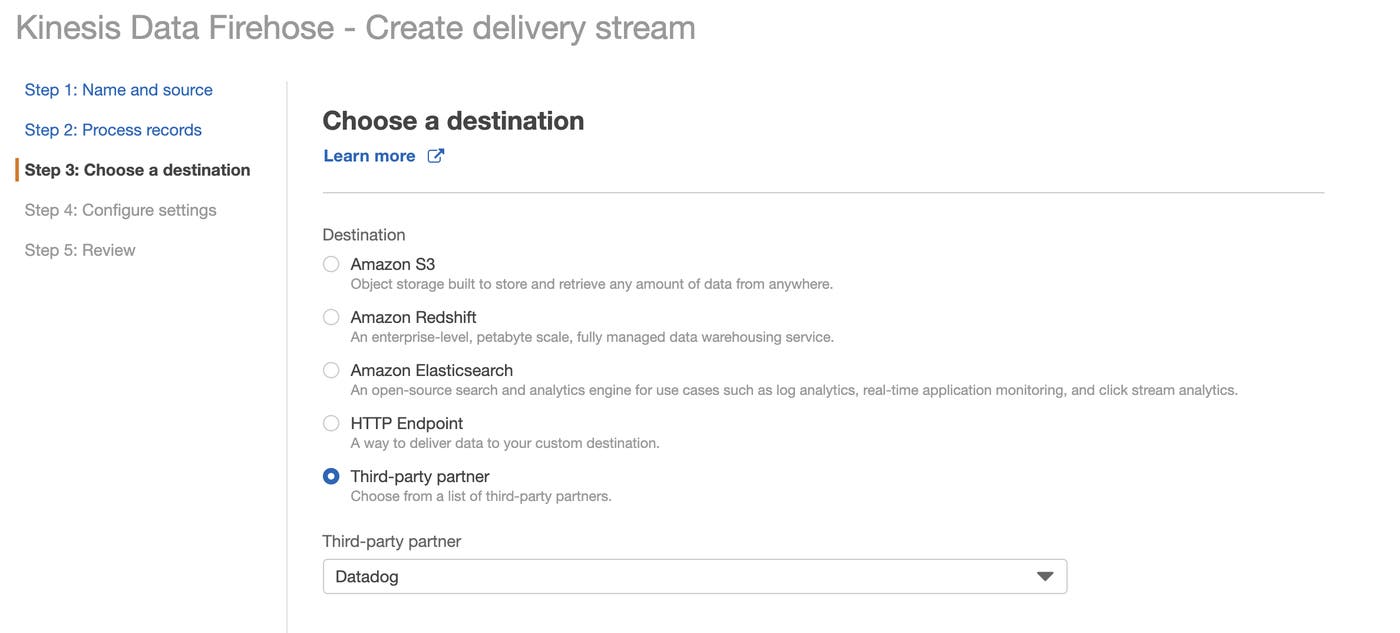 Add Datadog as a third party option for Amazon Data Firehose delivery stream Add Datadog as a third party option for Amazon Data Firehose delivery stream