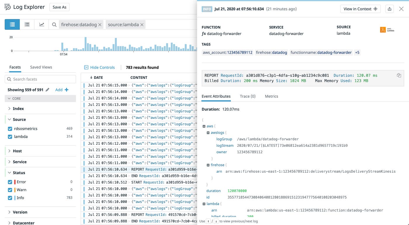 View AWS service logs from an Amazon Data Firehose delivery stream in Datadog View AWS service logs from an Amazon Data Firehose delivery stream in Datadog