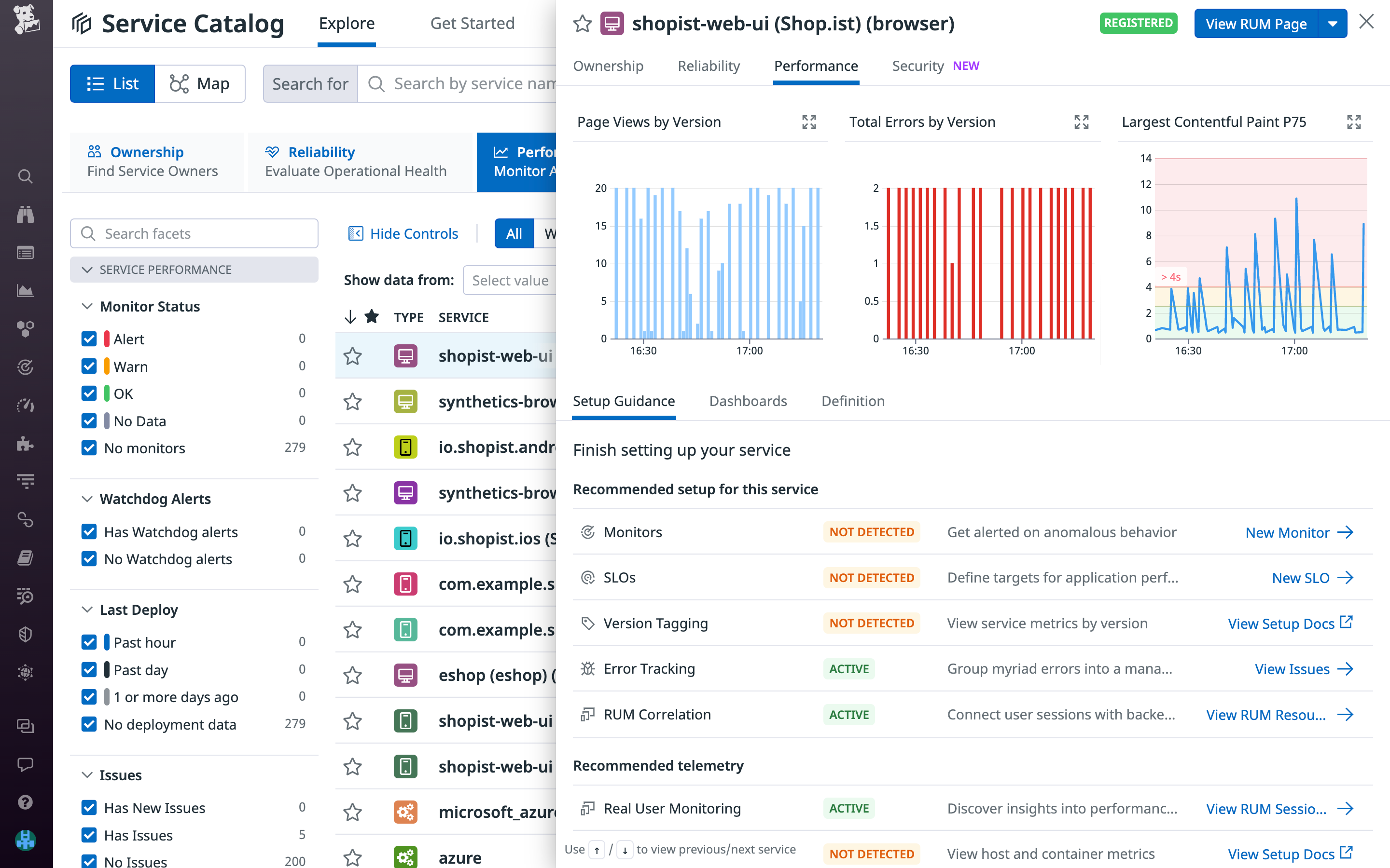 Pivot from analyzing testing performance to production performance in Datadog APM.