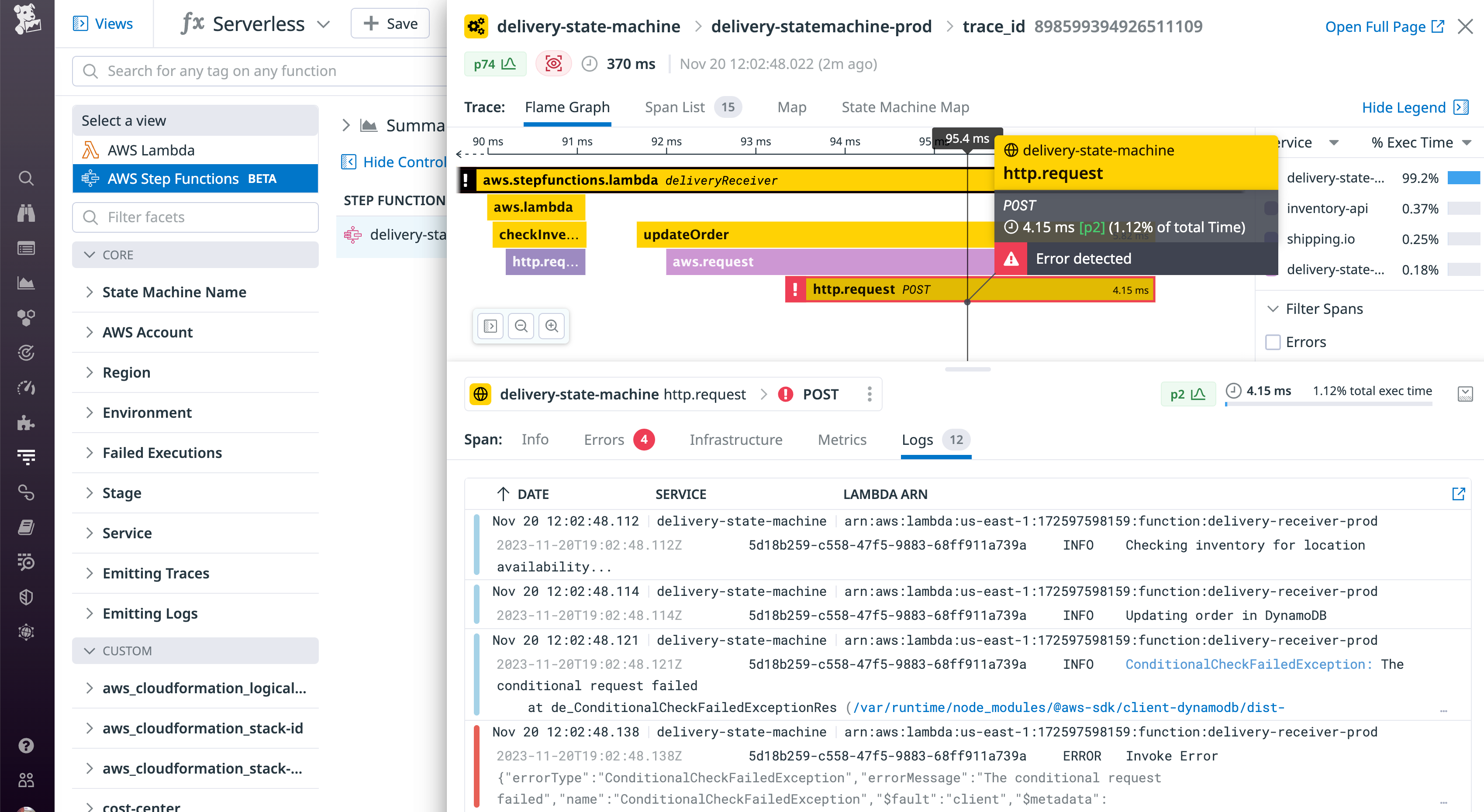 A flame graph shows the sequence of request and latency in their responses. Below, logs from a service that made an HTTP request describe the error.