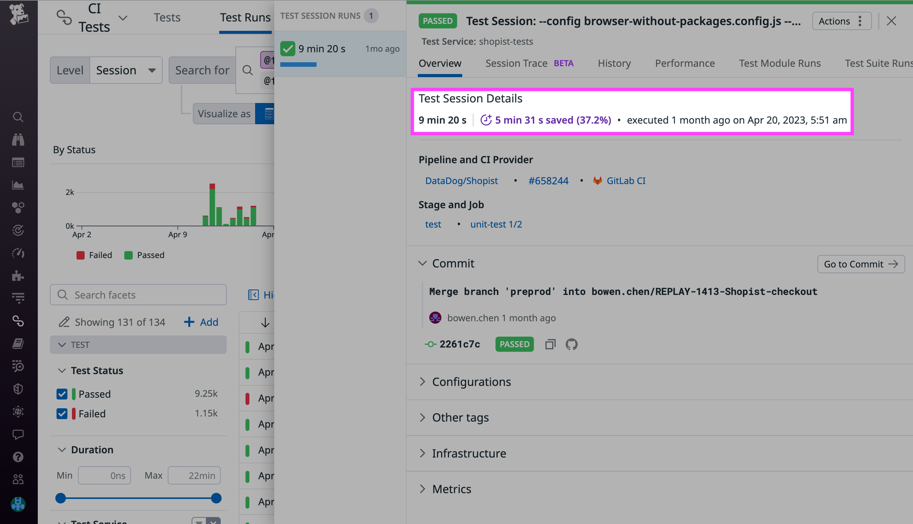 View the time saved by inspecting any test session with Test Impact Analysis enabled.