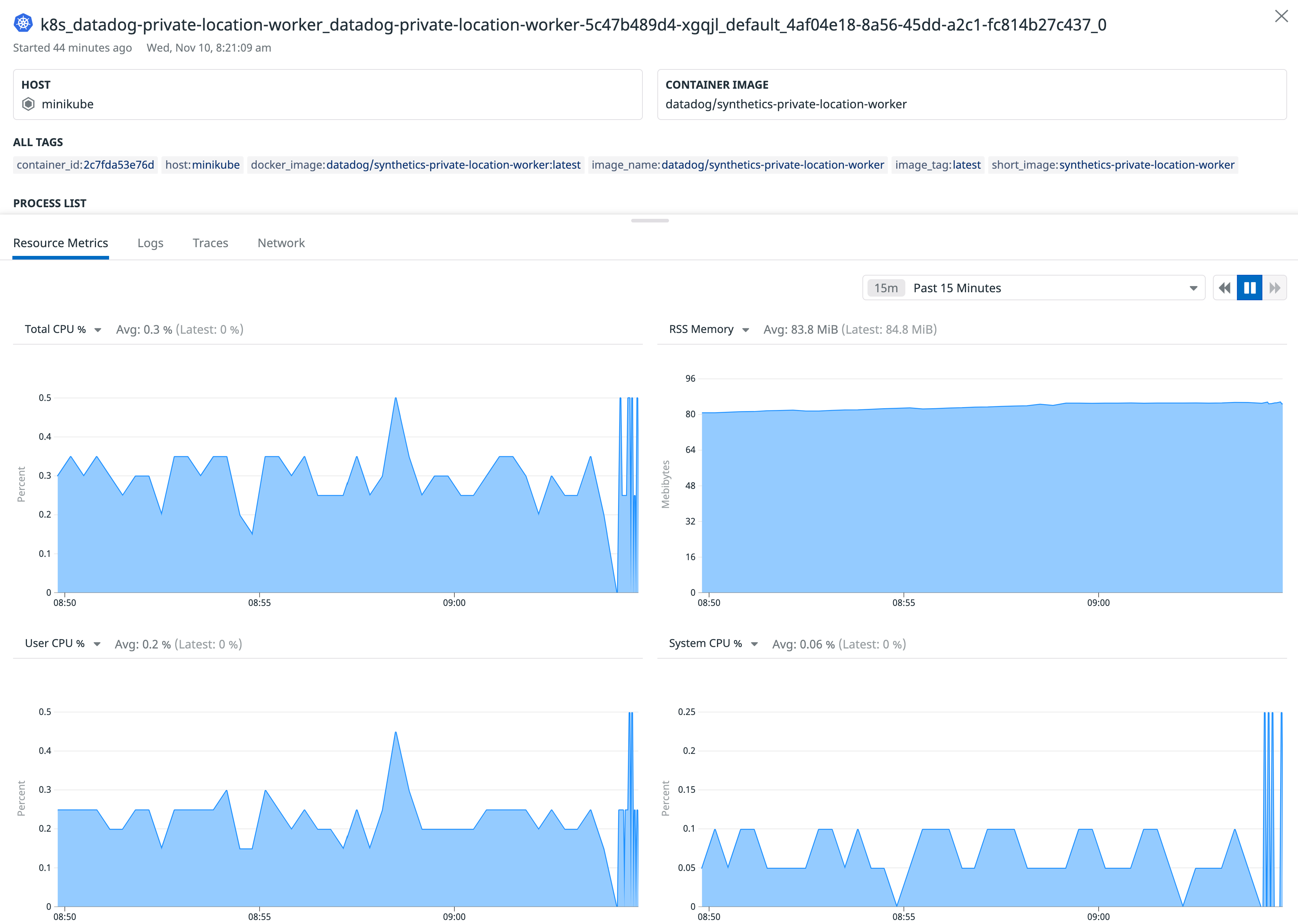 Runtime metrics for private location containers