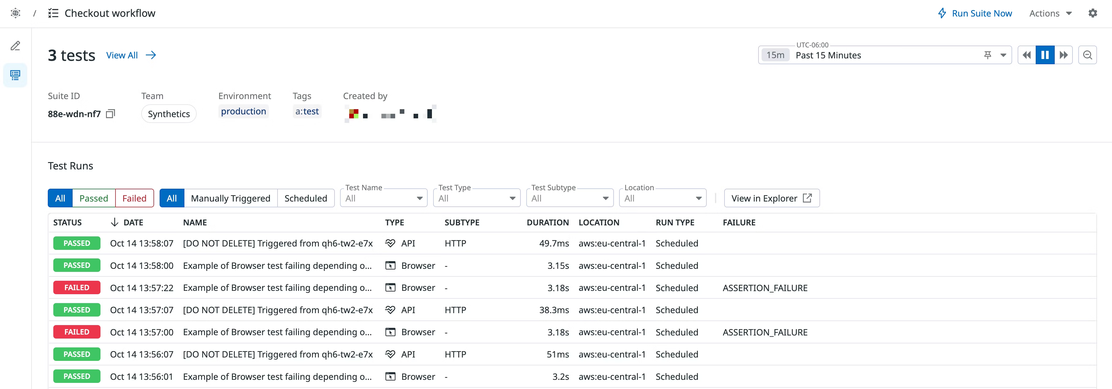A screenshot showing a list of test results for a particular test suite, including passing and failing test runs.