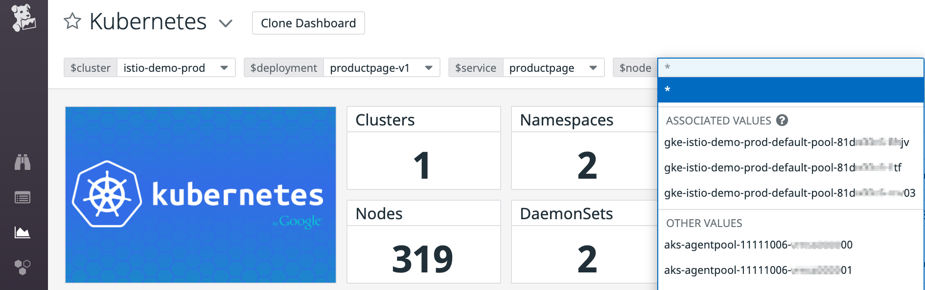 A Kubernetes dashboard shows a list of associated values for the node template variable, which is filtered based on values provided for the cluster, deployment, and service template variables.