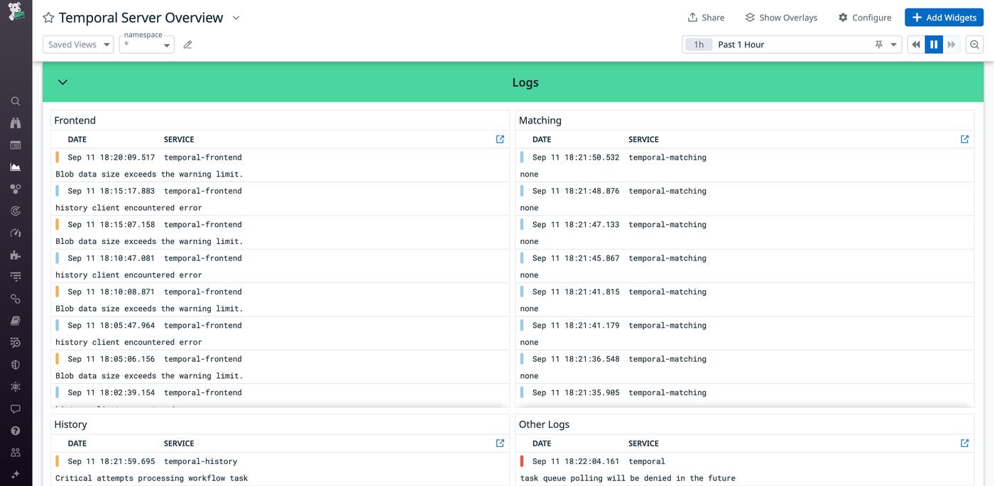 View of frontend, matching, history, and other logs from Temporal Server Overview dashboard View of frontend, matching, history, and other logs from Temporal Server Overview dashboard