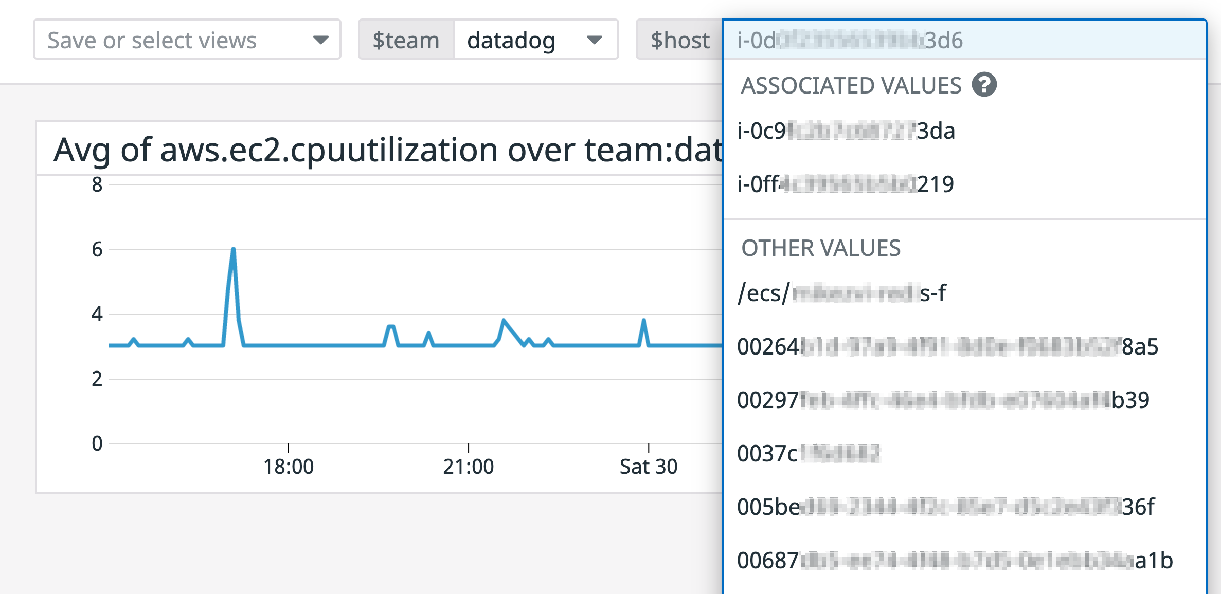 A template variable shows a list of hosts that belong to the Datadog team, as well as other values (hosts not tagged with team:datadog).