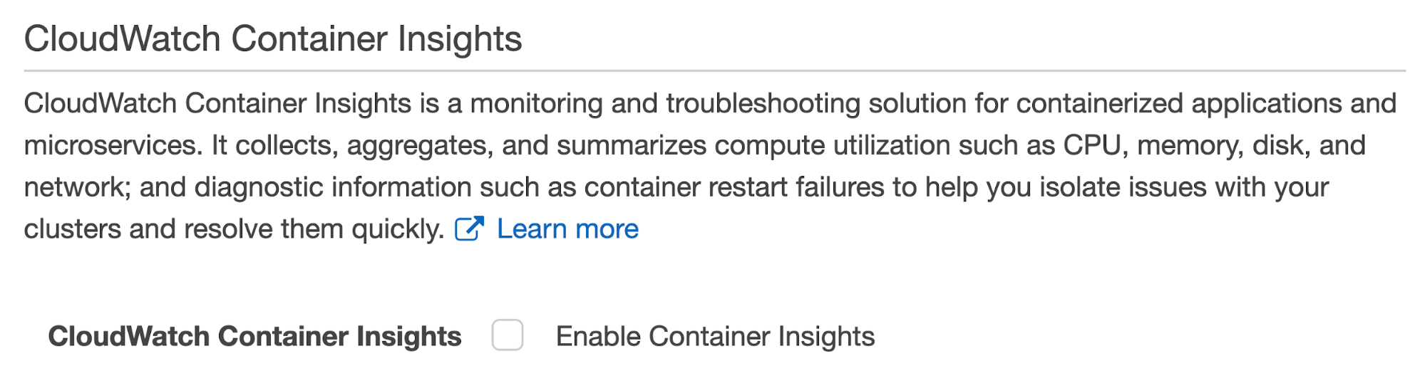 A screenshot shows the console page you use to create an ECS cluster. It describes Container Insights and includes a checkbox to enable Container Insights to collect metrics from ECS on Fargate.
