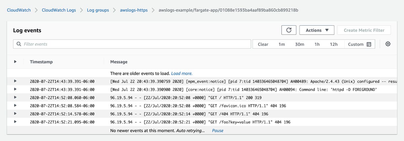 The CloudWatch Logs console shows six logs from the awslogs-https logs group, four of which log GET requests to the HTTP server. The CloudWatch Logs console shows six logs from the awslogs-https logs group, four of which log GET requests to the HTTP server.