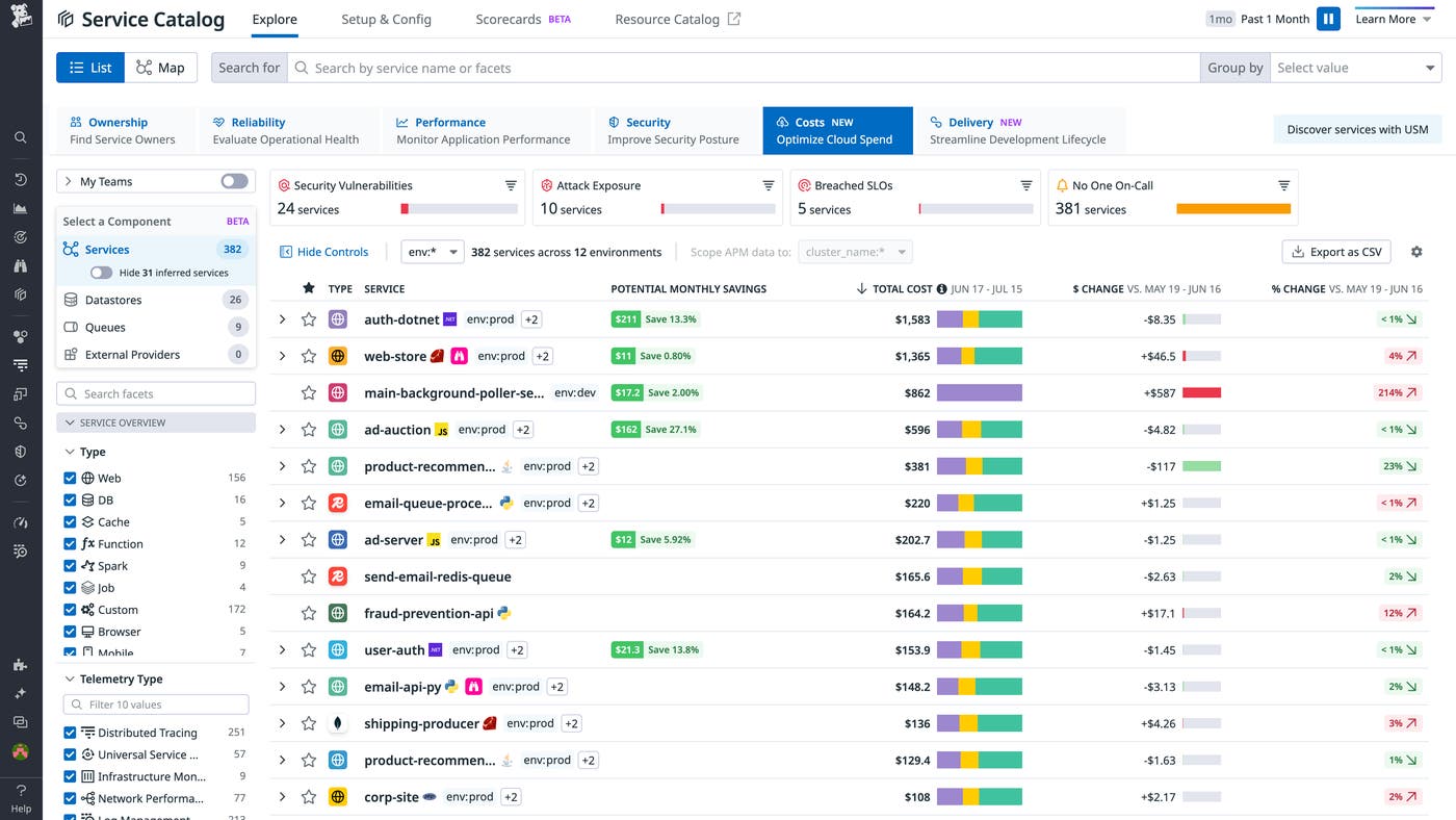 The Costs tab of the Service Catalog provides a high-level overview of the costs of each of your services The Costs tab of the Service Catalog provides a high-level overview of the costs of each of your services