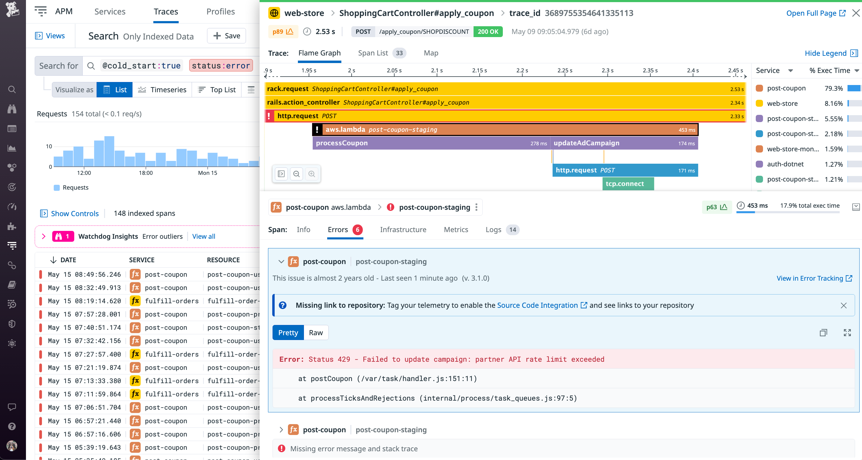 We can see from this trace that the user encountered a 5xx error when they navigated to the payments page.