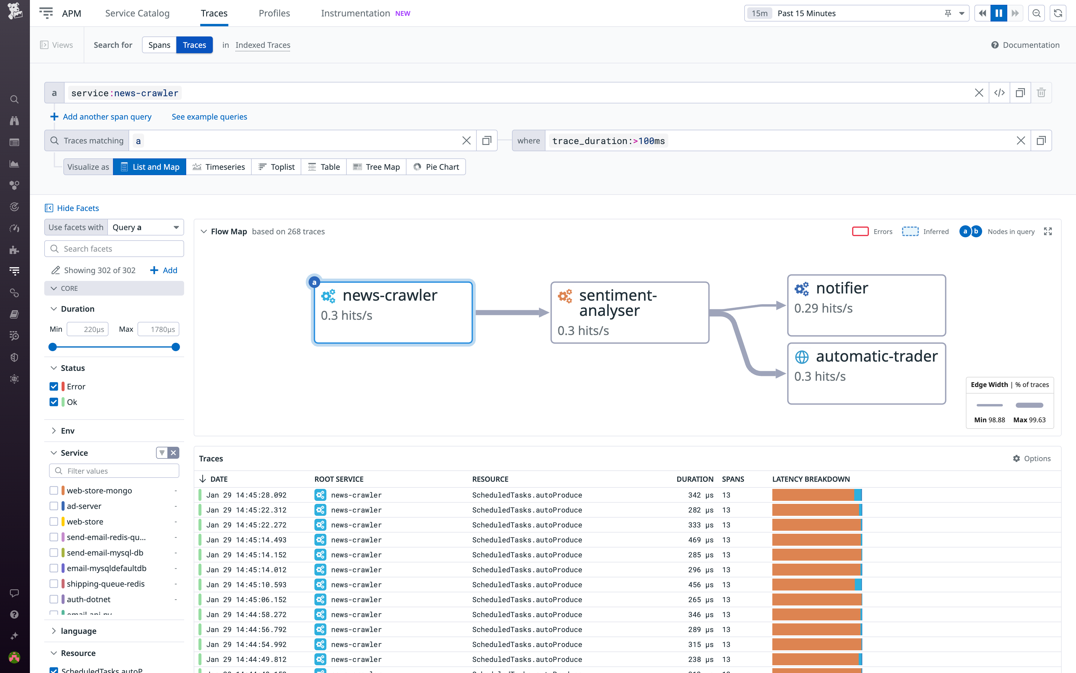 Filtering query results by trace duration.