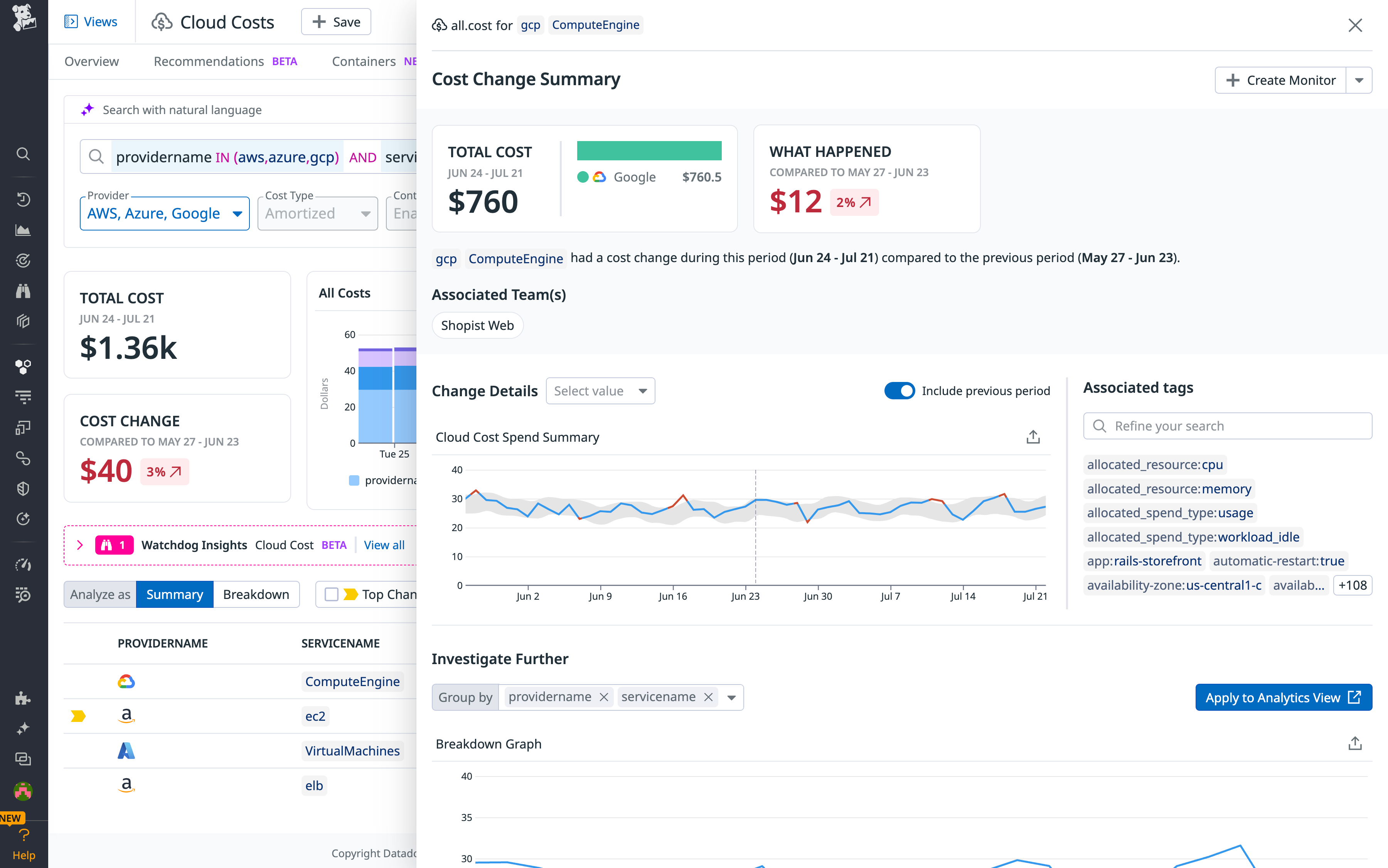 Quickly access a detailed view of provider costs over time