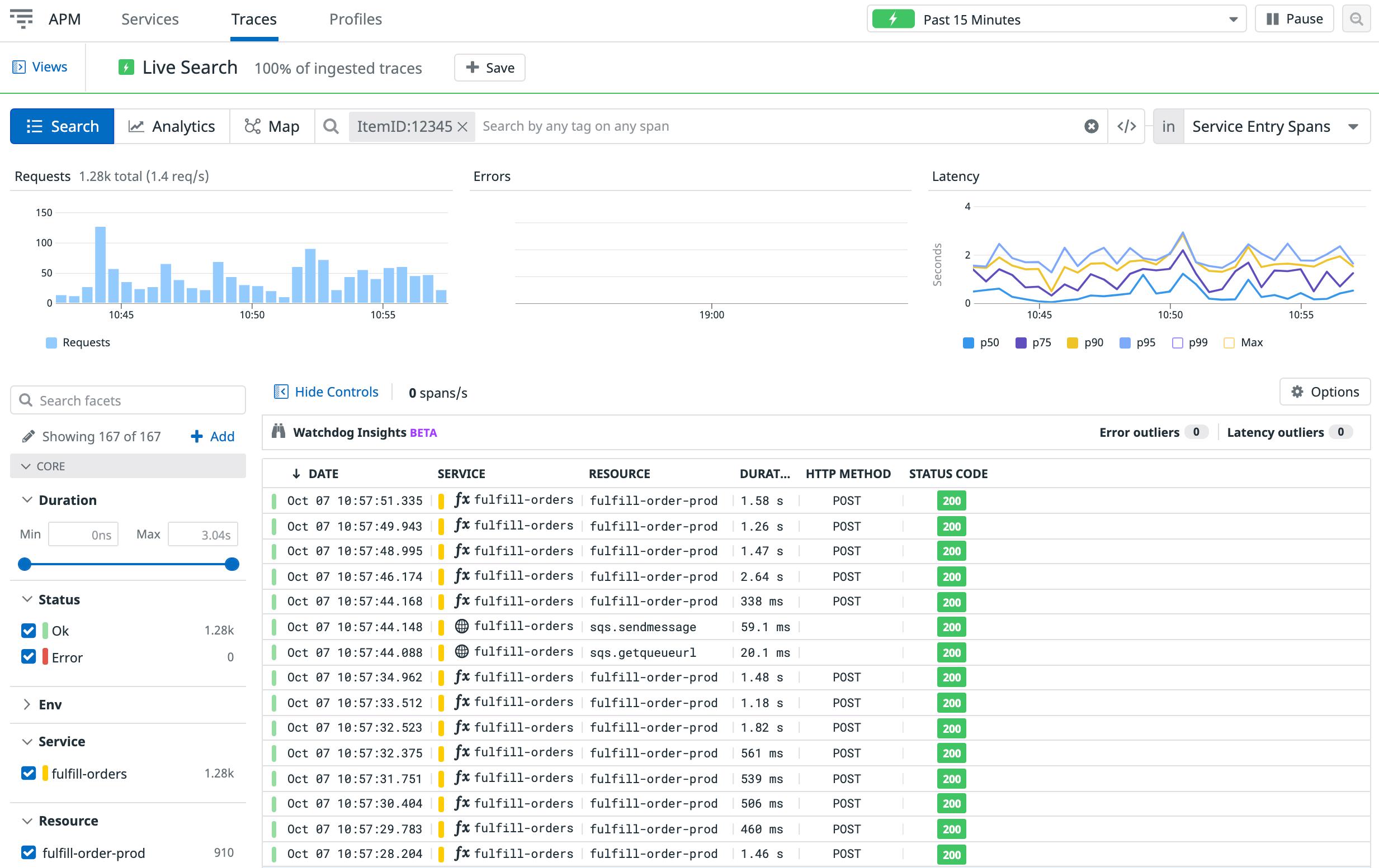 You can search traces with specific payload parameters in Datadog APM to surface relevant Lambda requests.