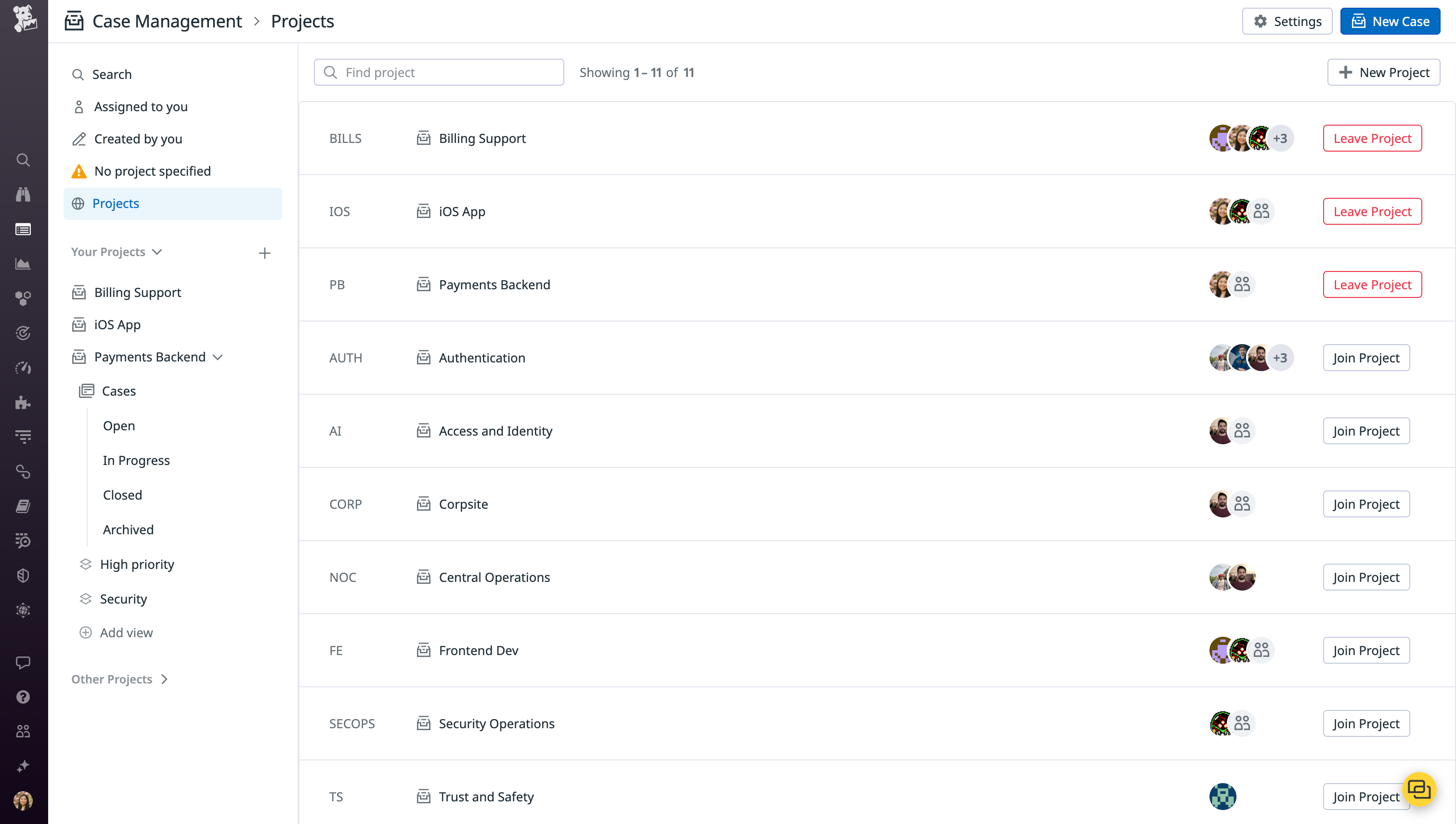 A list of projects within Case Management, showing the project names and associated teams.