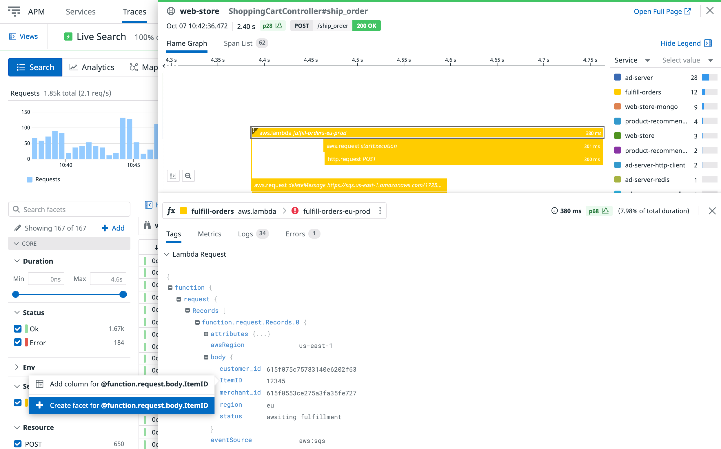 Turn payload parameters into facets to filter traces and scope your view to the requests you're most interest in.