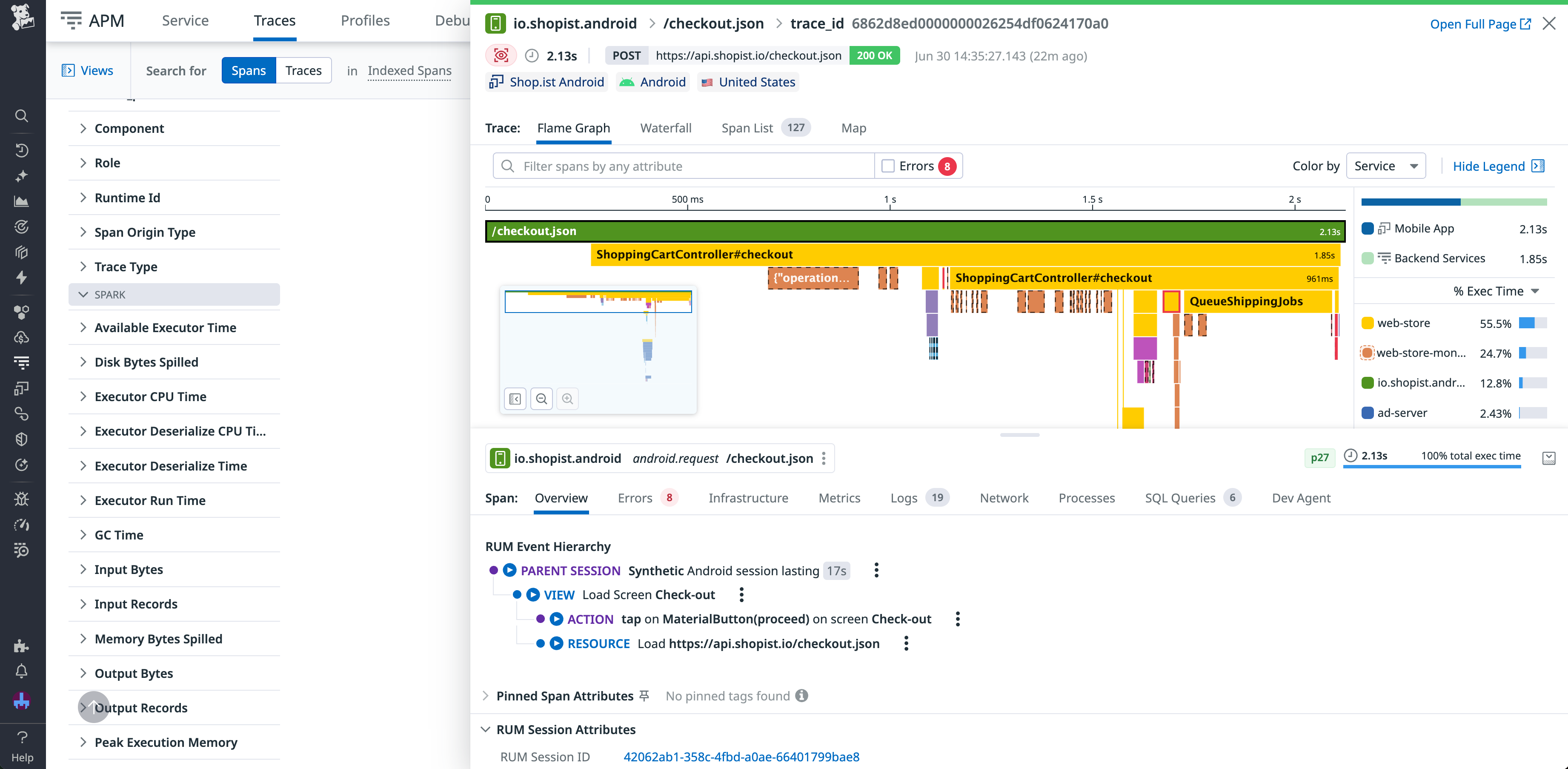 Datadog unifies traces with relevant frontend data for cross-stack visibility.