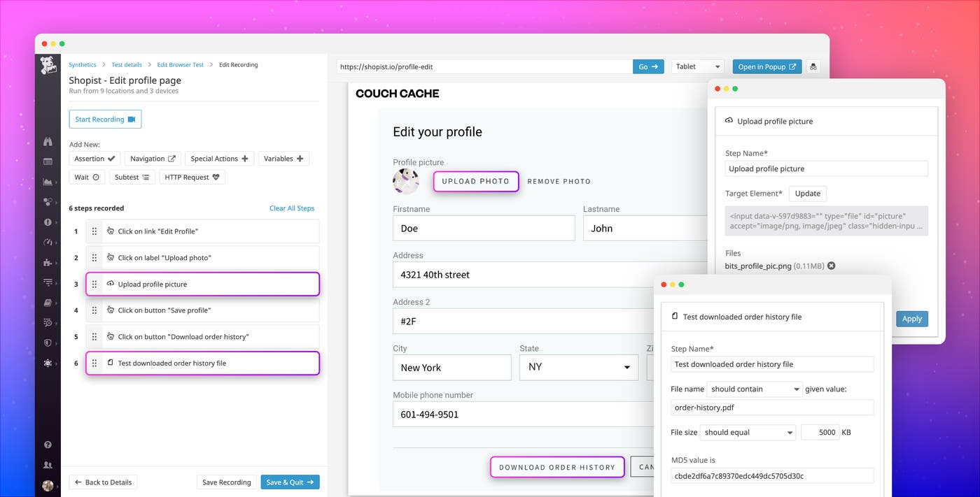Test file uploads and downloads with Datadog Synthetic browser tests Test file uploads and downloads with Datadog Synthetic browser tests