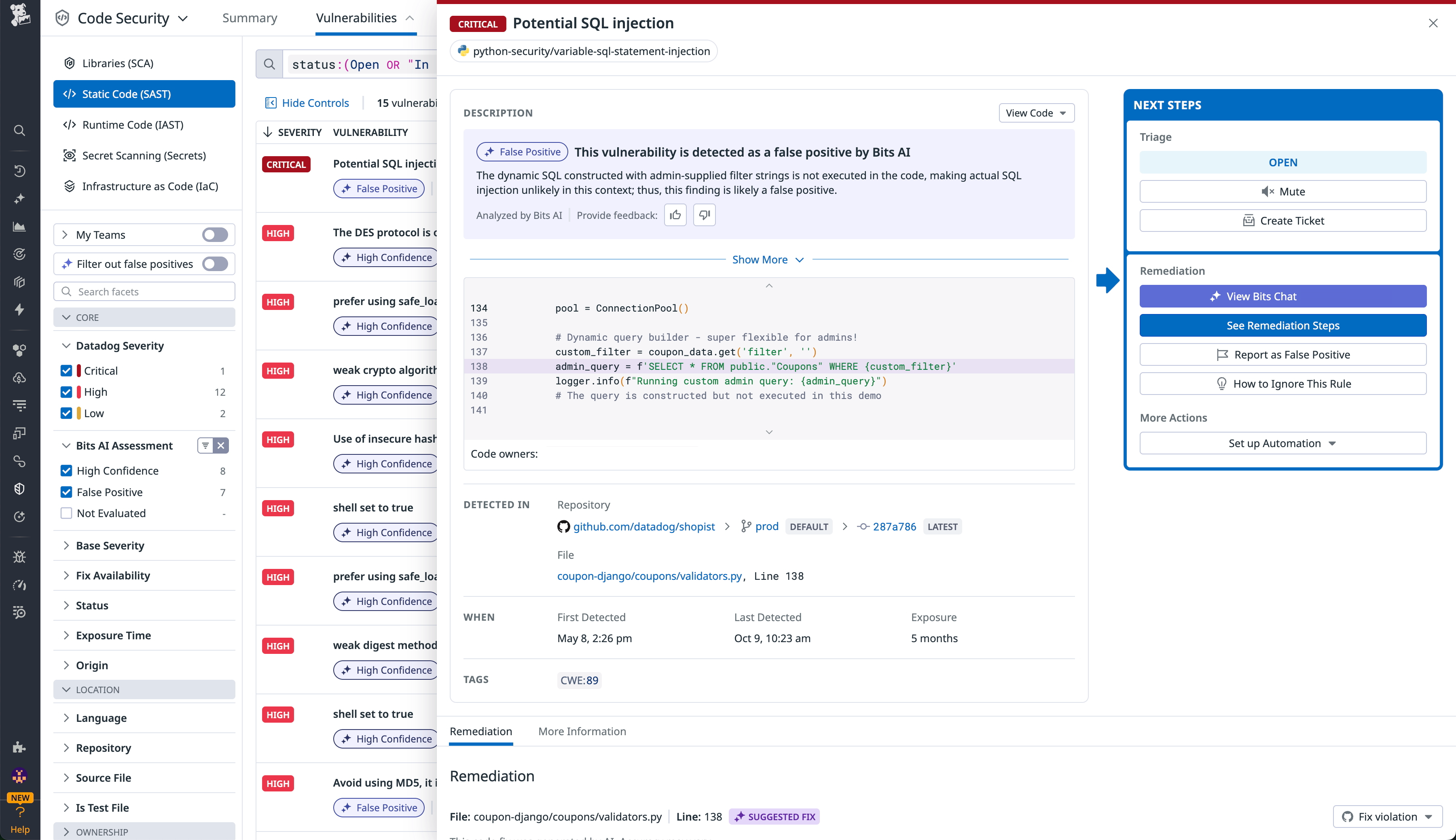 Screenshot showing a potential SQL injection security vulnerability