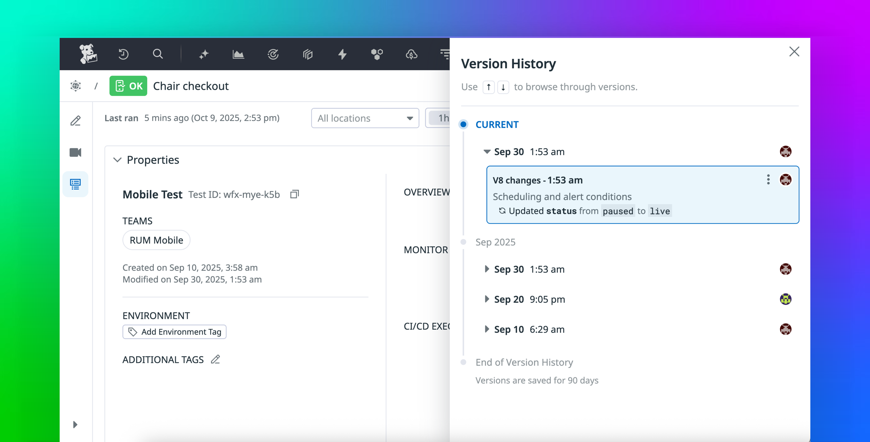 Track, debug, and roll back changes with Version History for Synthetic Monitoring tests