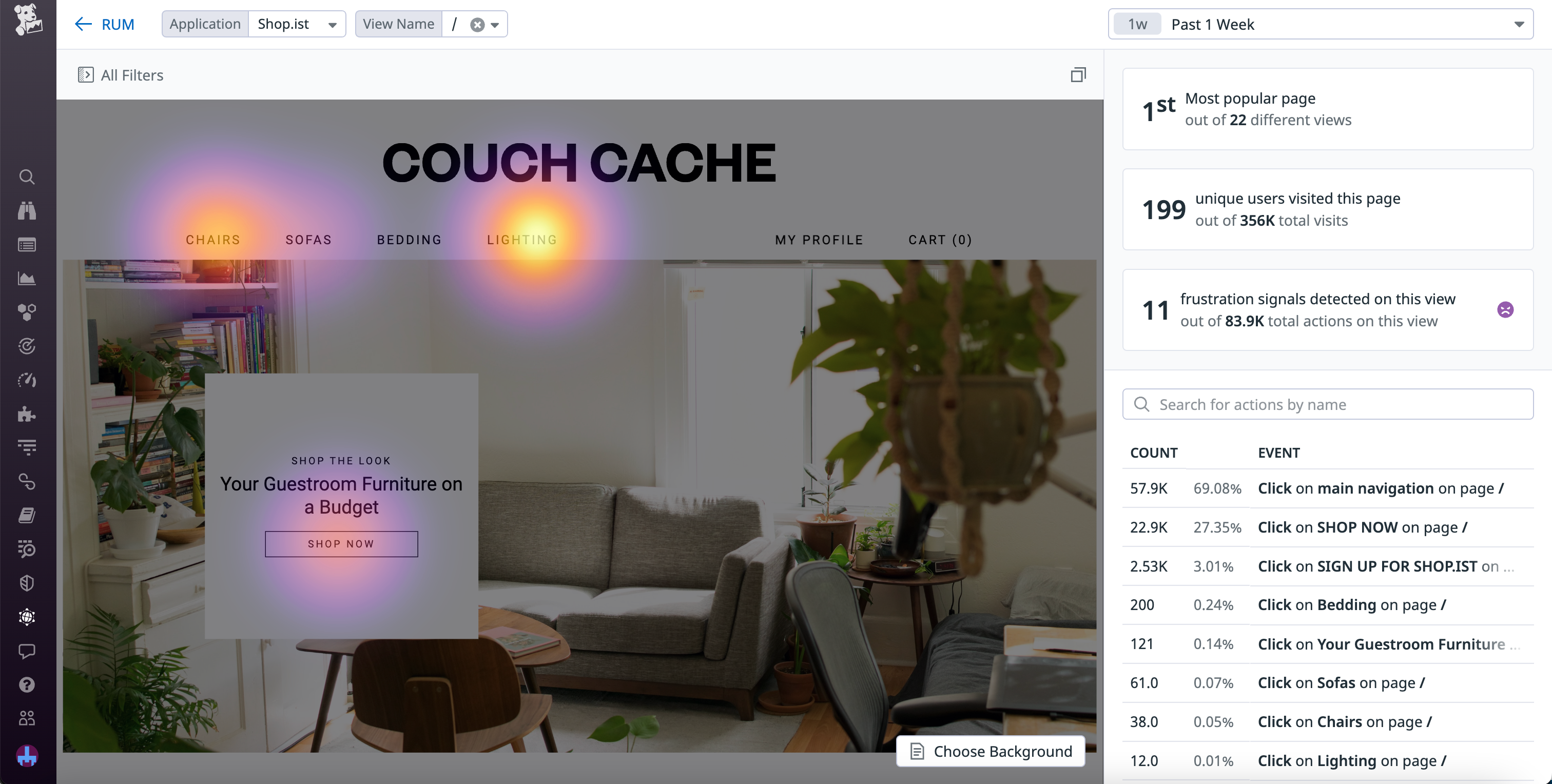 The click map for an application homepage, showing more user interaction around the top menu.