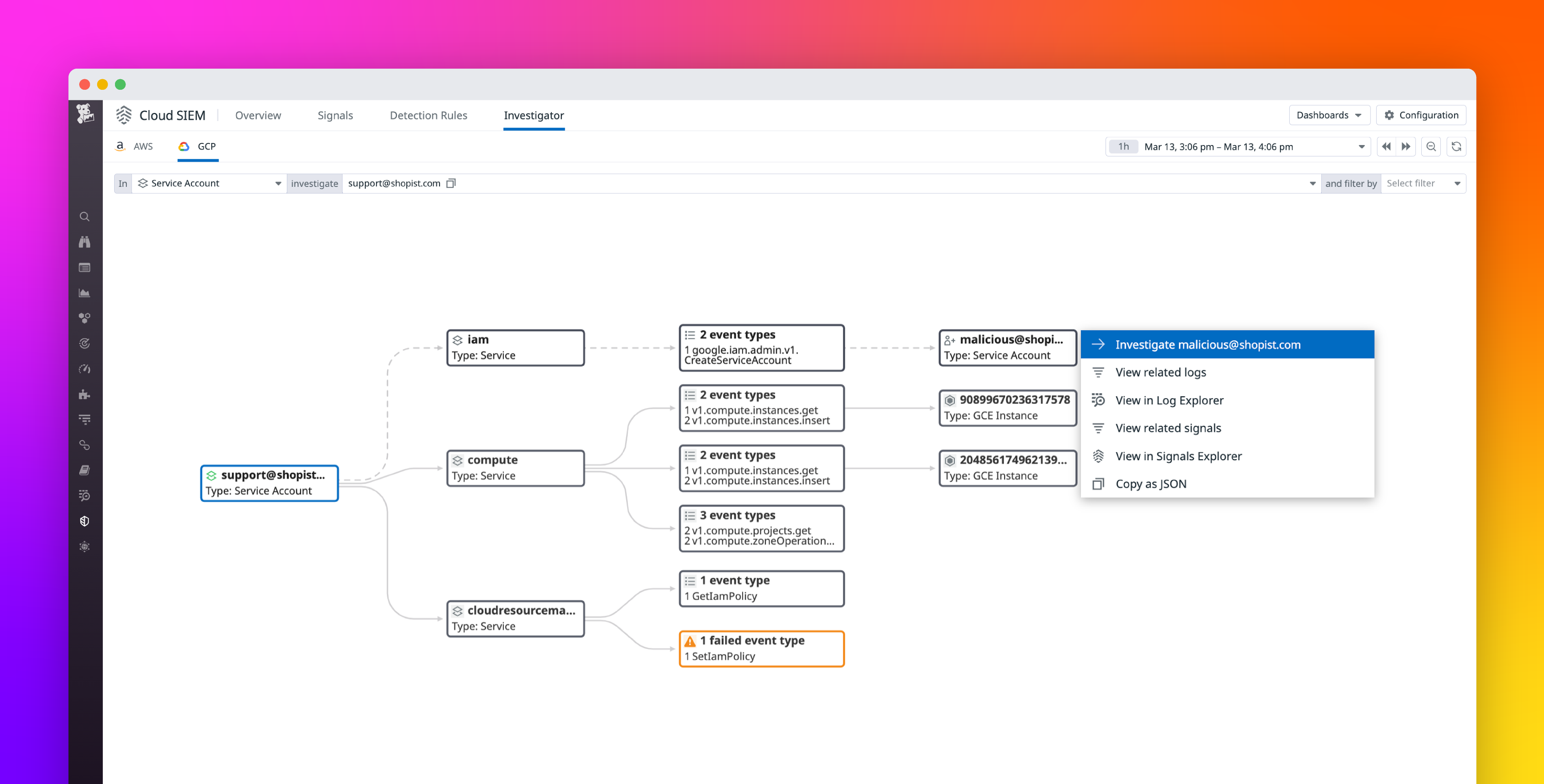 Visualize activity in your Google Cloud environment with Datadog Cloud SIEM Investigator