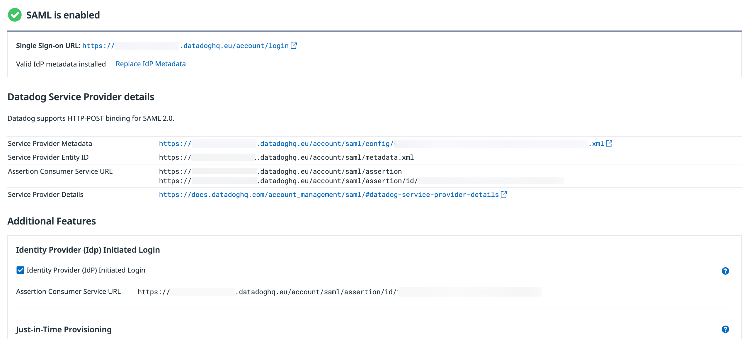 Screenshot that shows SAML enabled and configurations for provisioning.