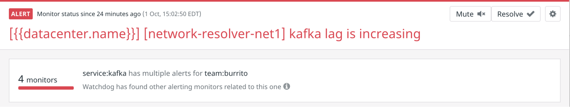 A screenshot shows an alert stating that the lag on a Kafka service is increasing and shows that Watchdog has found four related alerts that have also triggered.