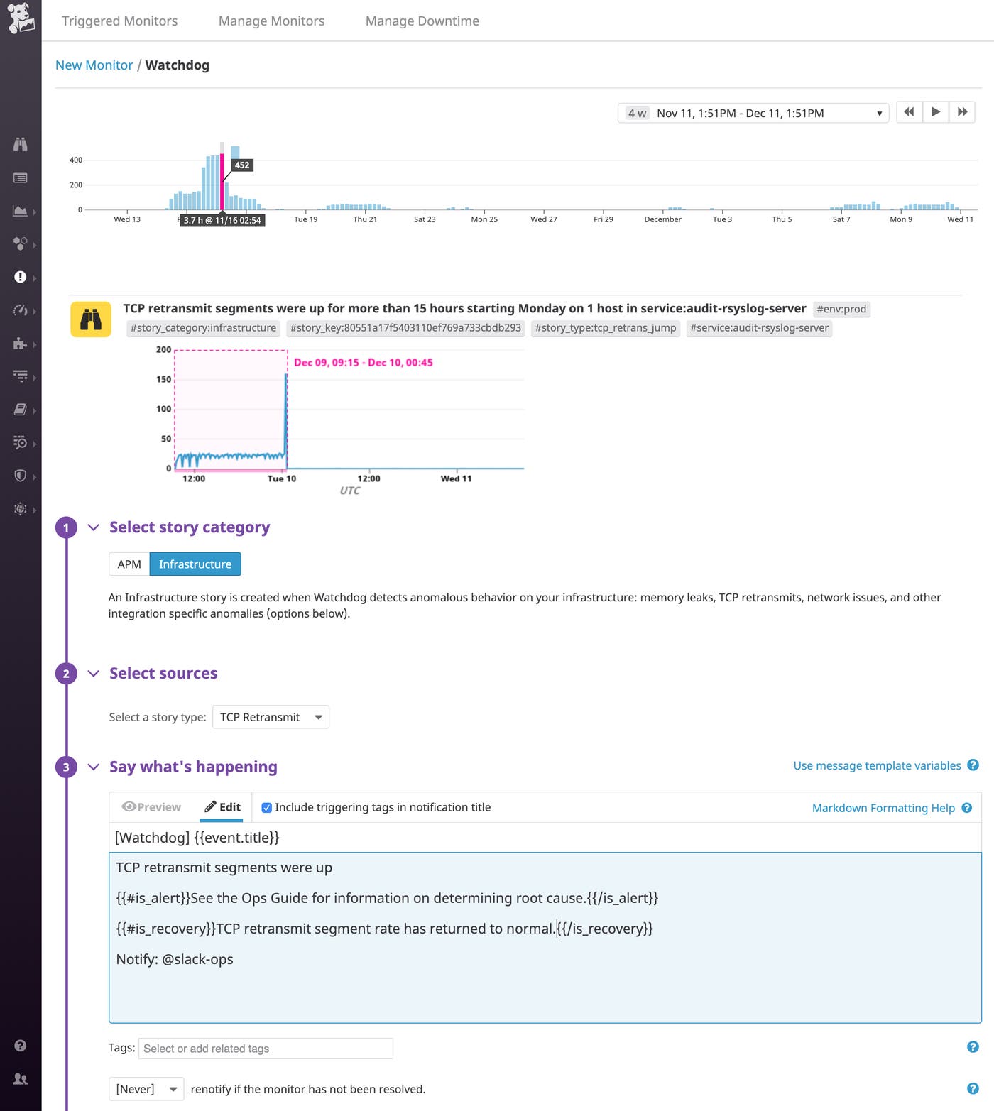 Datadog の New Monitor ページのスクリーンショット。選択されたストーリータイプは TCP 再送信で、グラフには関連メトリクスの急上昇し 15 時間続いたことが示されています。 Datadog の New Monitor ページのスクリーンショット。選択されたストーリータイプは TCP 再送信で、グラフには関連メトリクスの急上昇し 15 時間続いたことが示されています。