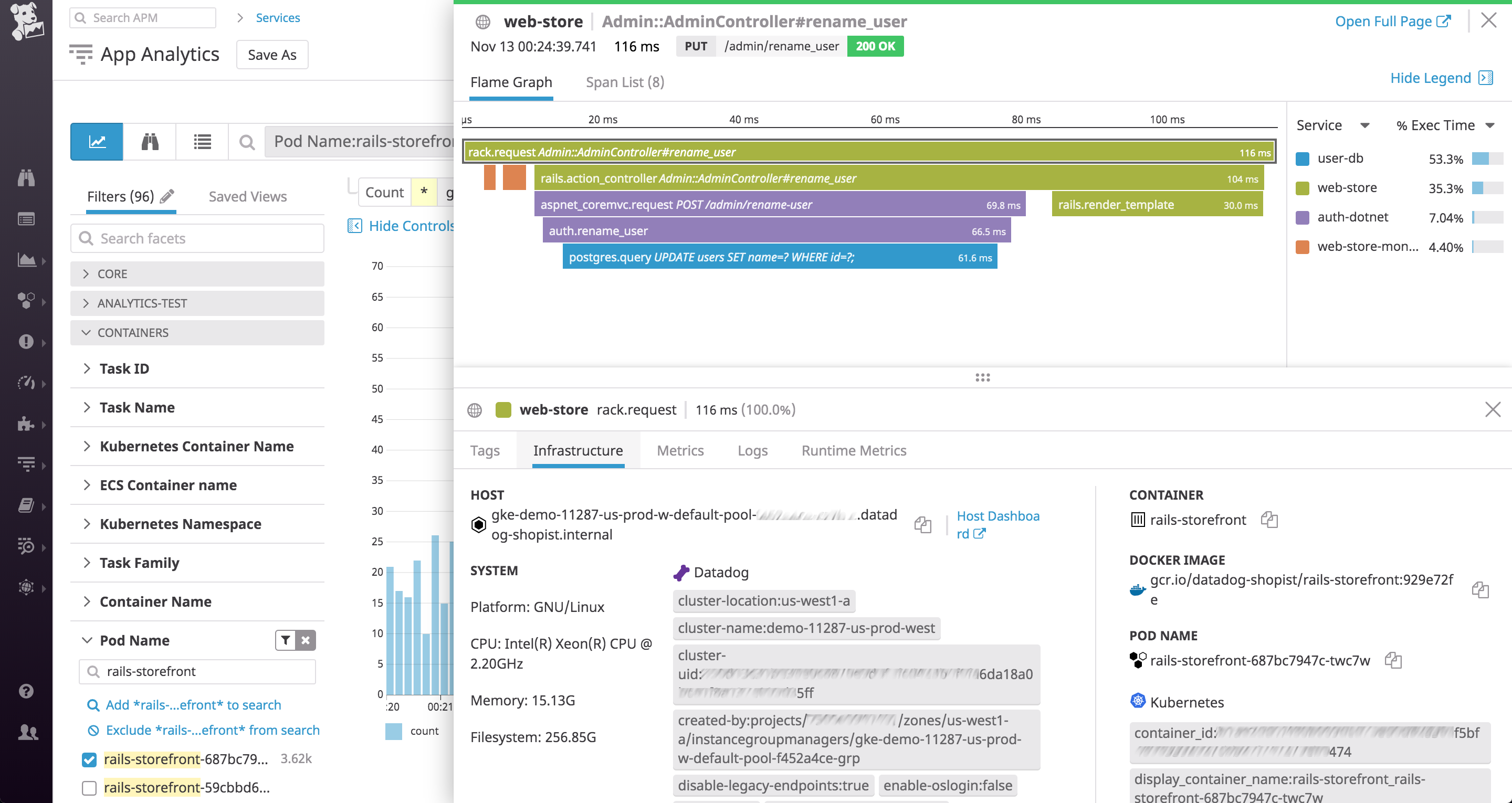 A flame graph in Datadog shows the timeline of requests that were executed. Hovering over a single span, we can see the tags that have been applied to the host that fulfilled that request.