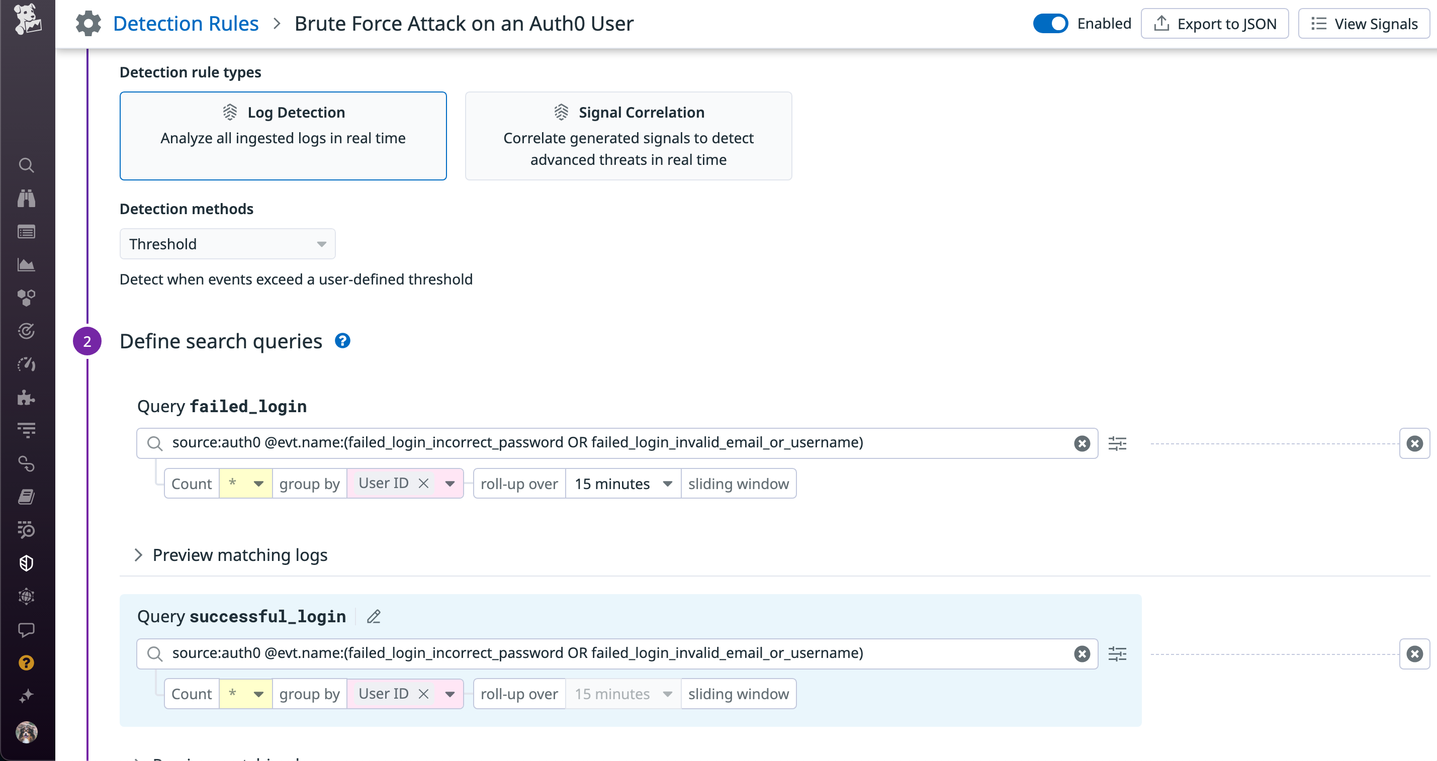 Create a detection rule for brute force login attempts