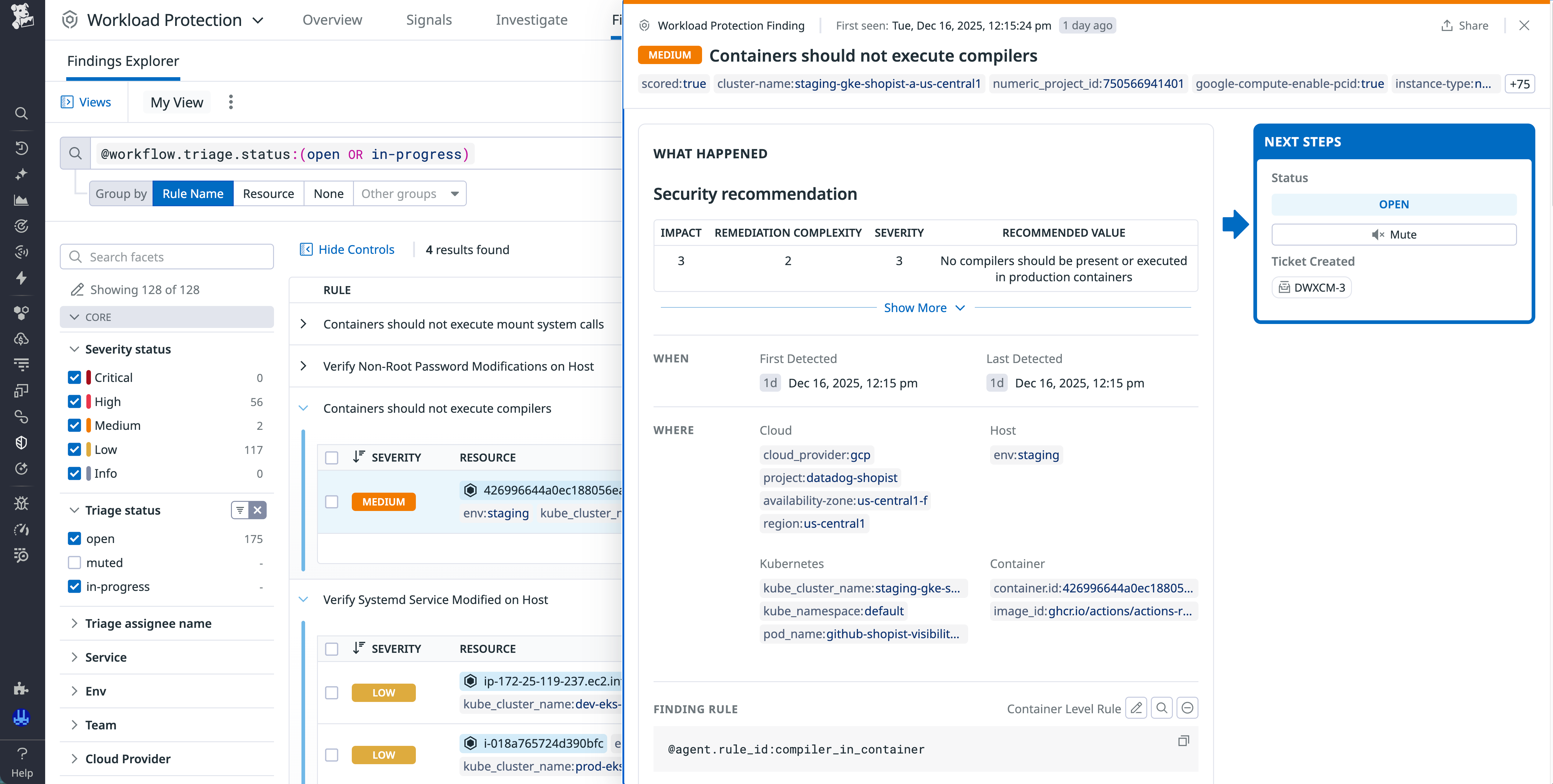 Screenshot that shows severity and affected resources for rule findings. A side panel shows a specific finding for compiler activity in production containers, along with details about when and where the issue was detected.