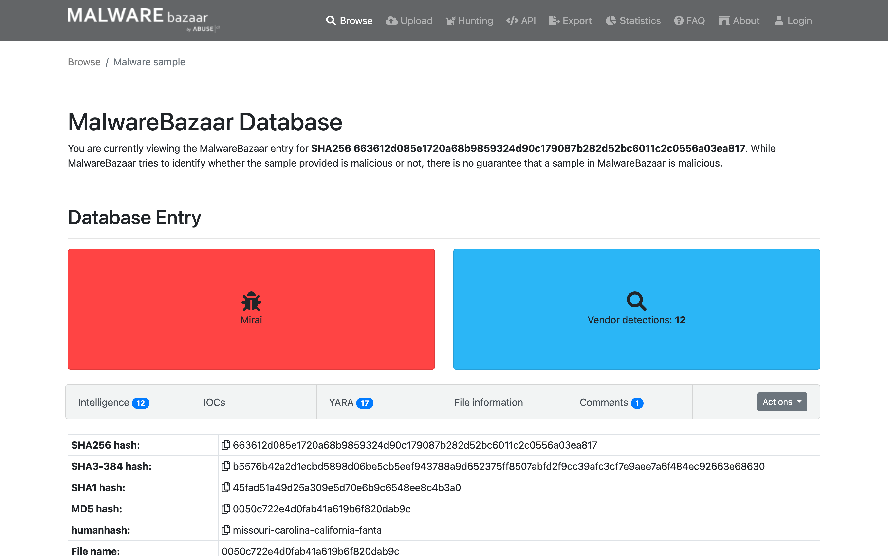 A MalwareBazaar database entry.